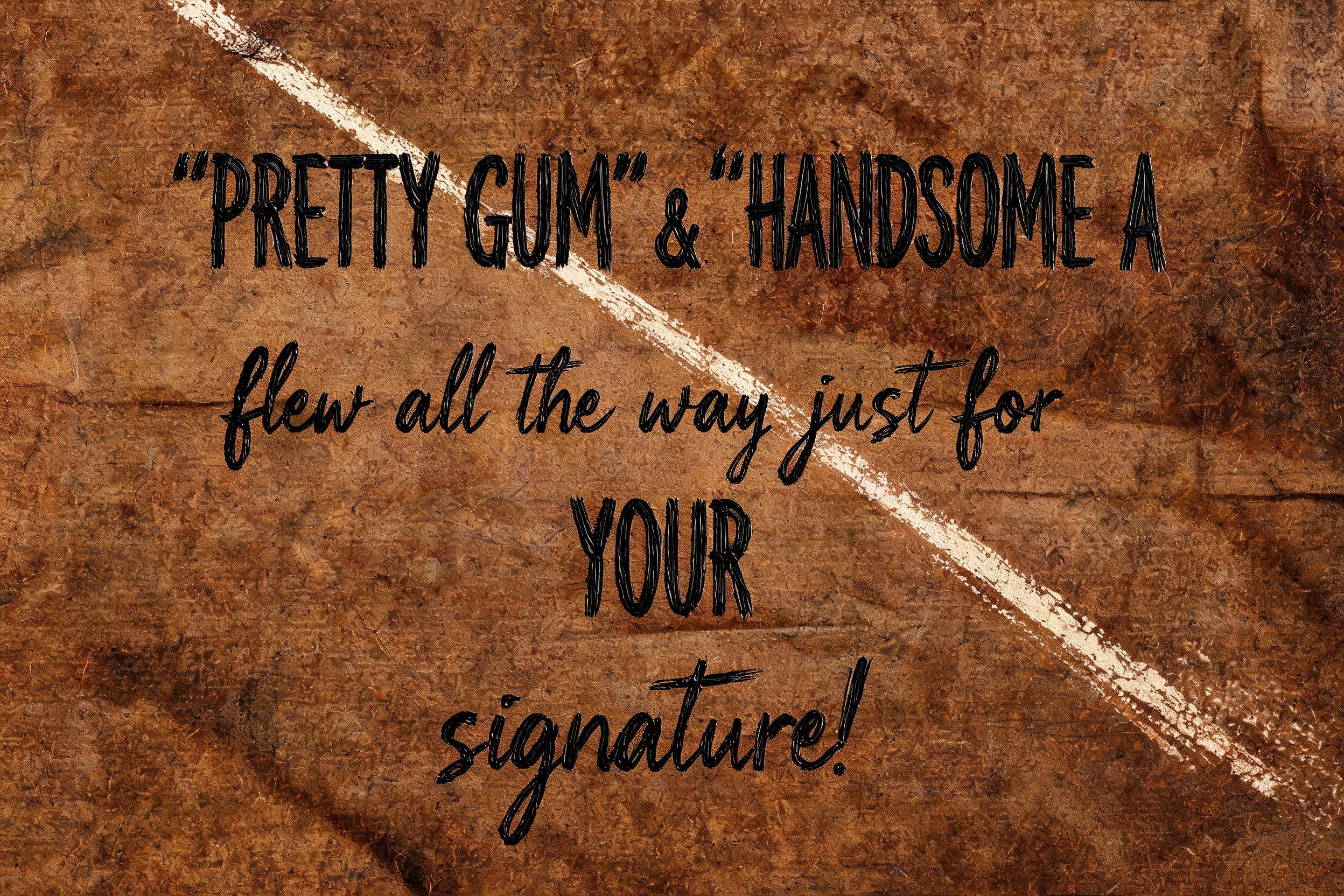 ""'PRETTY GUM' & 'HANDSOME A' flew all the way just for YOUR signature!"" — Brush Dry text effect