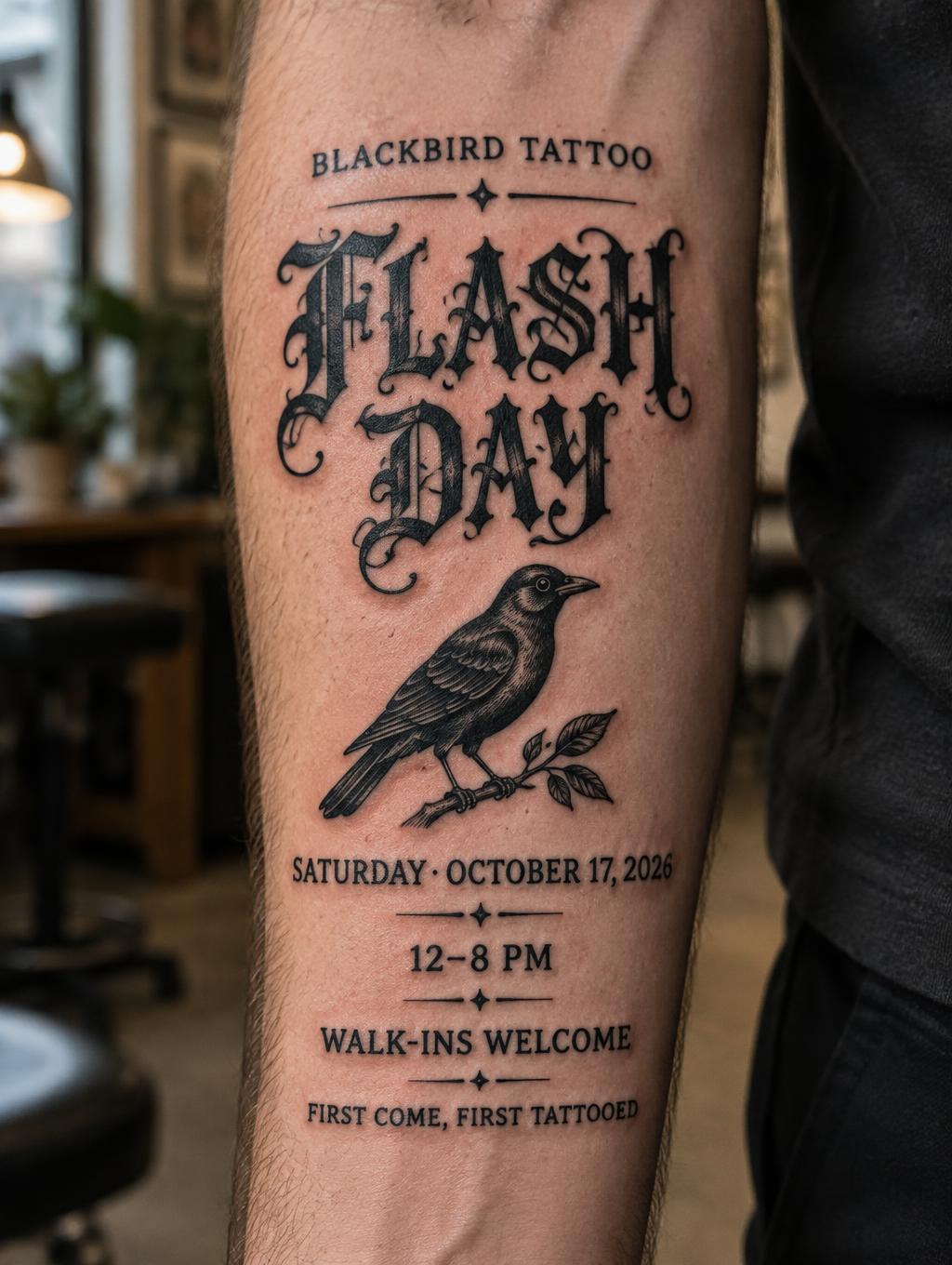 "BLACKBIRD TATTOO
FLASH DAY
SATURDAY · OCTOBER 17, 2026
12–8 PM
WALK-INS WELCOME
FIRST COME, FIRST TATTOOED" — Tattoo | AI Text Effect Generator