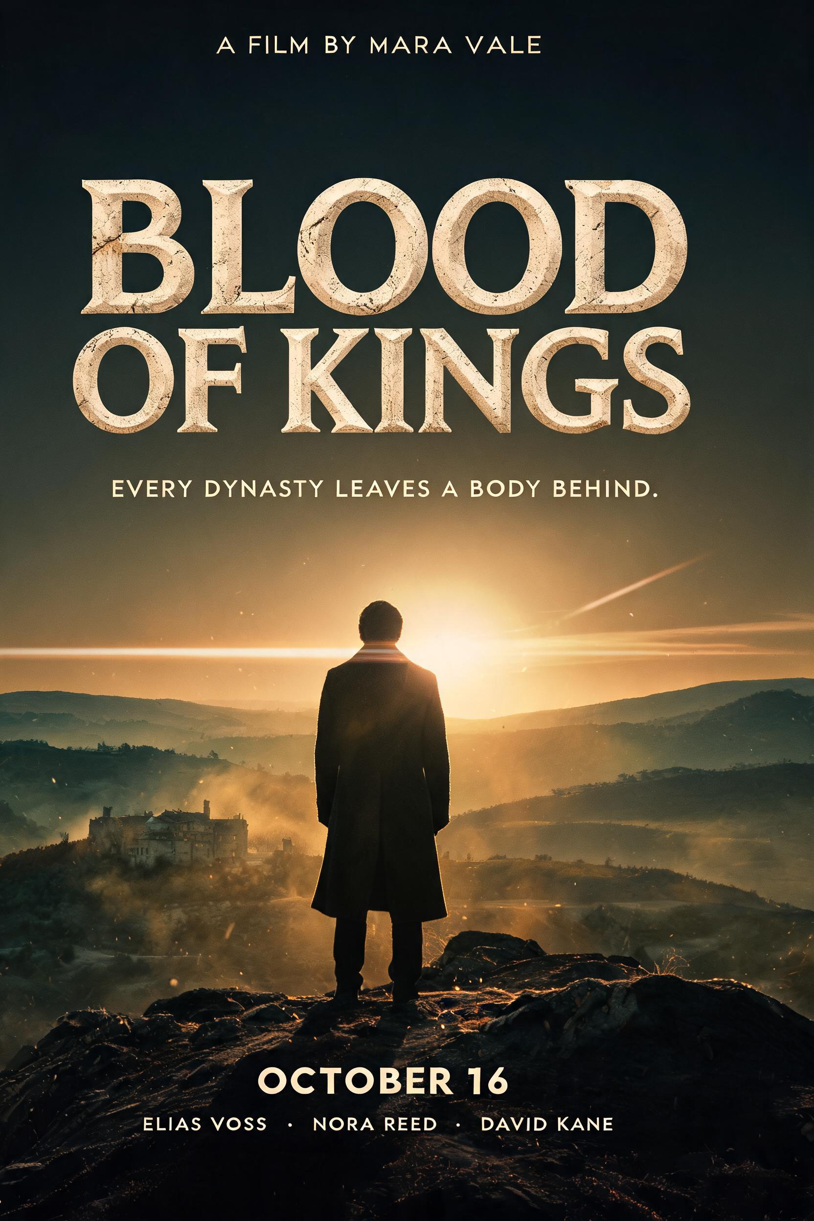 "A FILM BY MARA VALE
BLOOD
OF KINGS
EVERY DYNASTY LEAVES A BODY BEHIND.
OCTOBER 16
ELIAS VOSS   ·   NORA REED   ·   DAVID KANE" — cinematic text effect