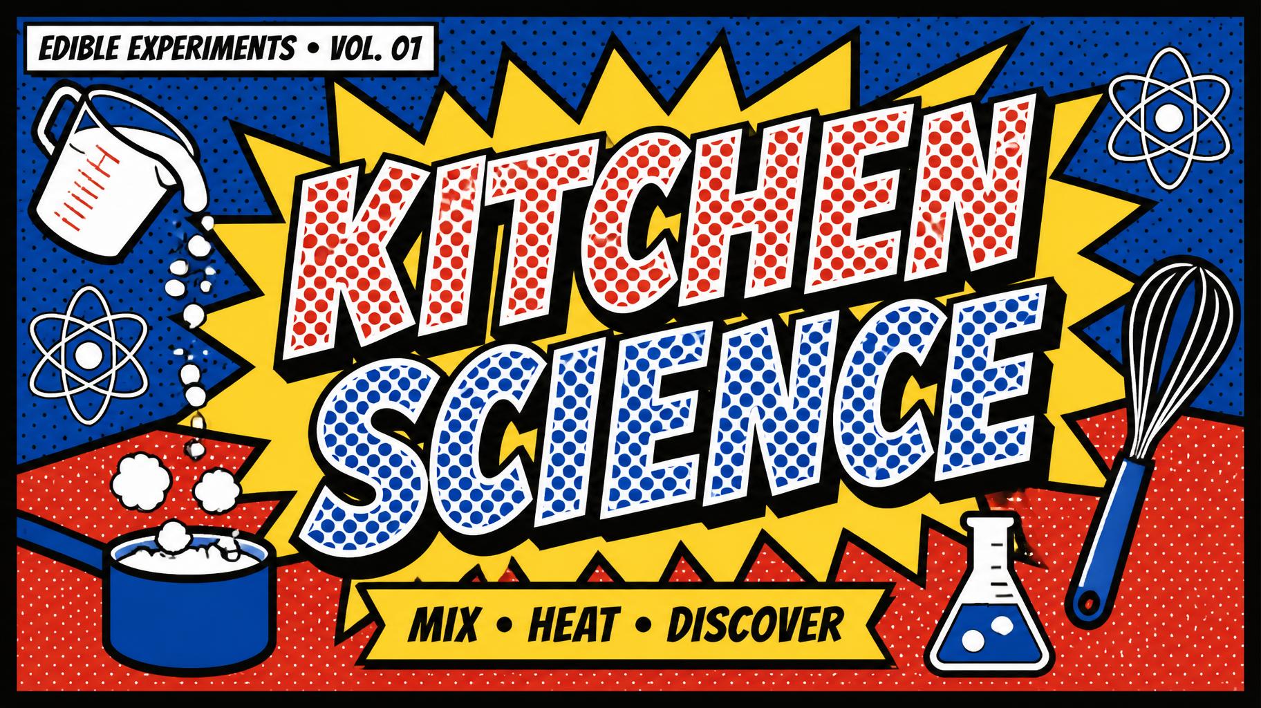 "KITCHEN
SCIENCE
EDIBLE EXPERIMENTS • VOL. 01
MIX • HEAT • DISCOVER" — Pop Art text effect