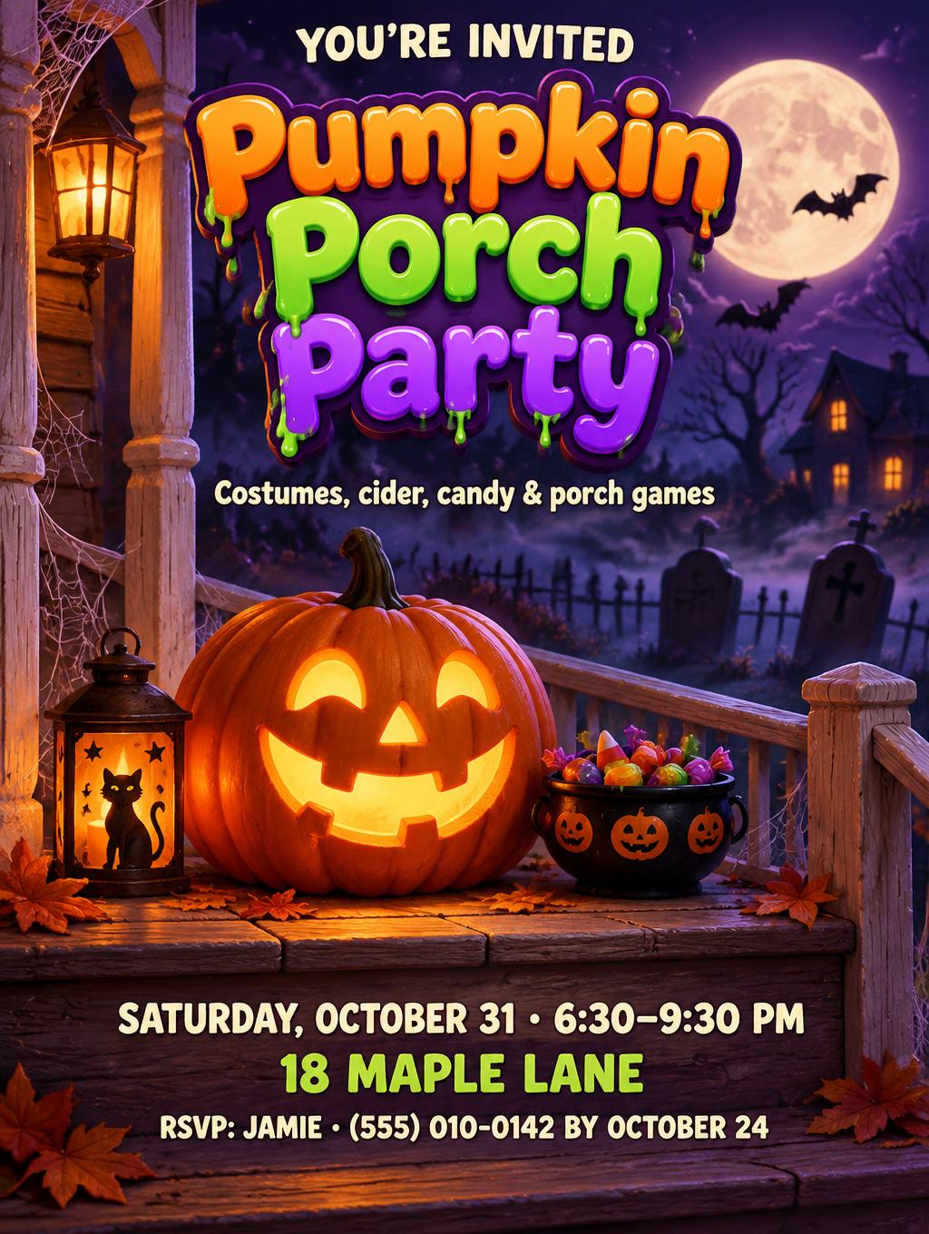 "YOU’RE INVITED
Pumpkin Porch Party
Costumes, cider, candy & porch games
SATURDAY, OCTOBER 31 · 6:30–9:30 PM
18 MAPLE LANE
RSVP: JAMIE · (555) 010-0142 BY OCTOBER 24" — Halloween text effect