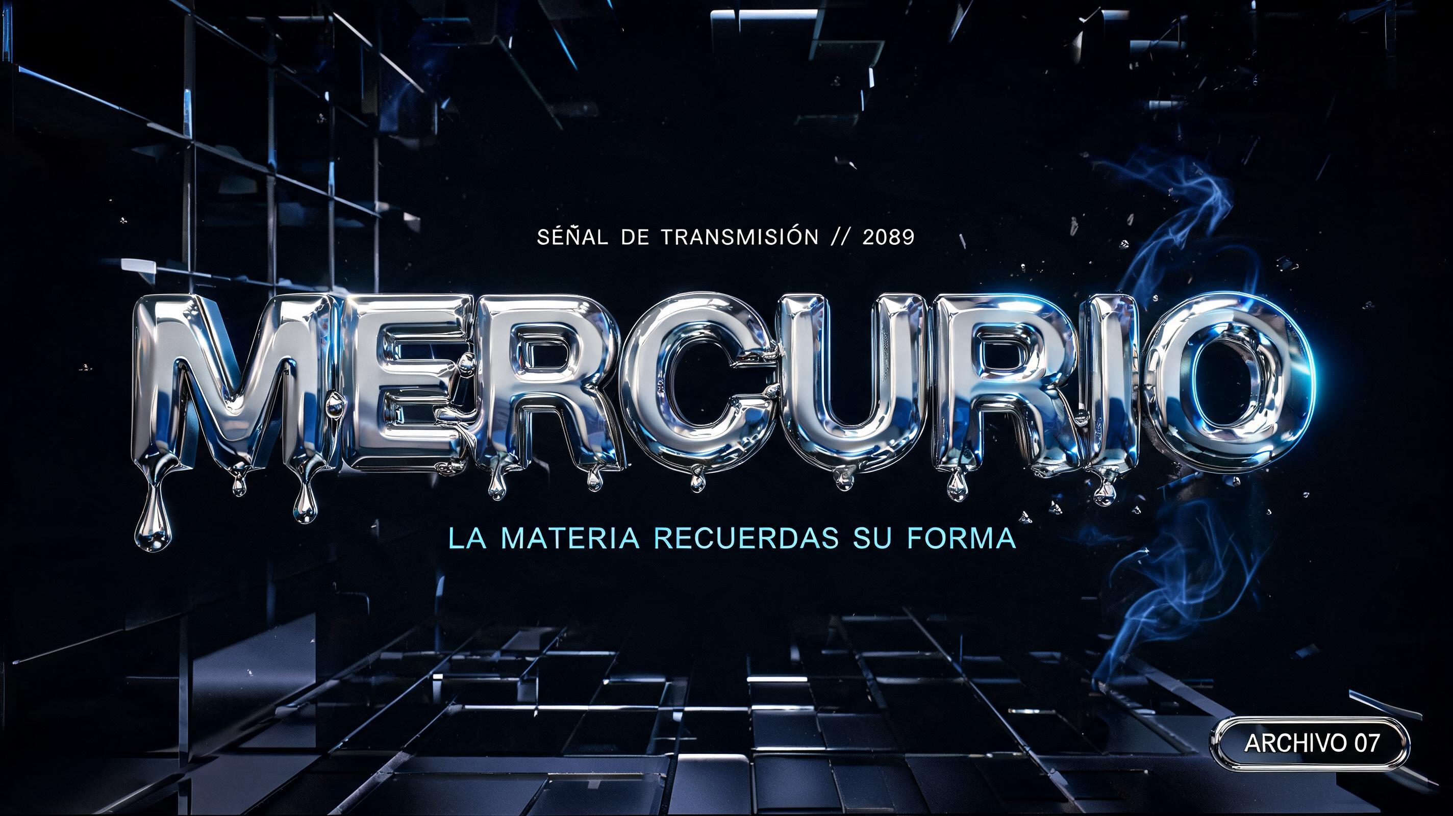 "MERCURIO
SEÑAL DE TRANSMISIÓN // 2089
LA MATERIA RECUERDA SU FORMA
ARCHIVO 07" — Chrome Metal 3d | AI Text Effect Generator