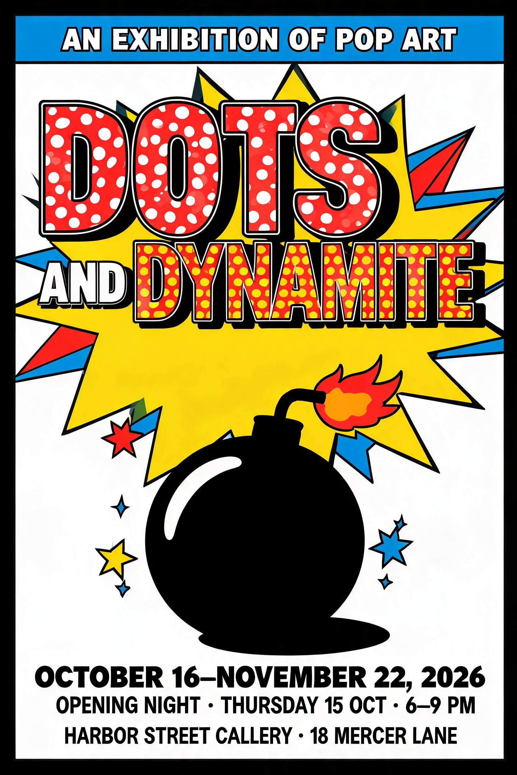 "DOTS
AND DYNAMITE
AN EXHIBITION OF POP ART
OCTOBER 16–NOVEMBER 22, 2026
OPENING NIGHT · THURSDAY 15 OCT · 6–9 PM
HARBOR STREET GALLERY · 18 MERCER LANE" — Pop Art | AI Text Effect Generator