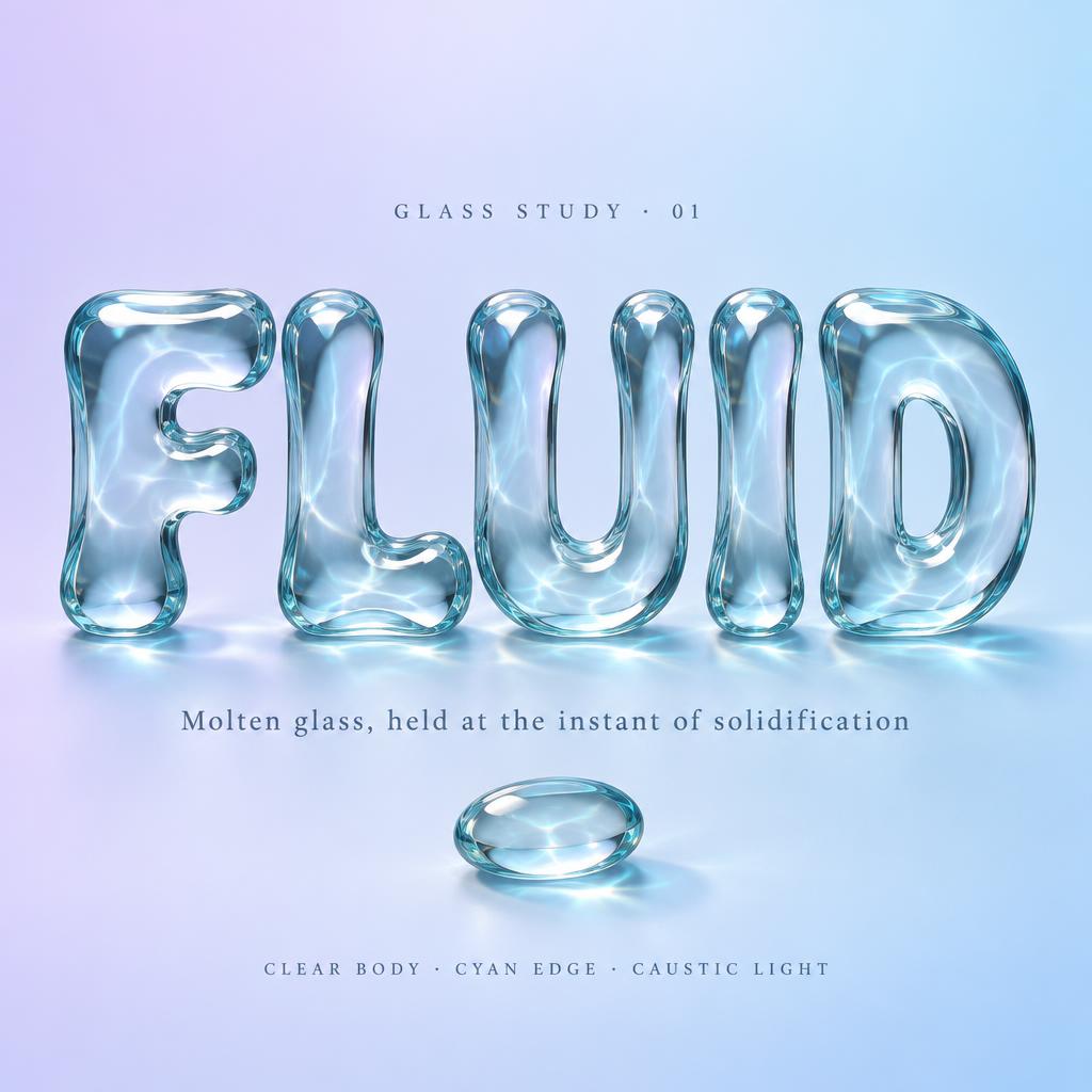 "FLUID
Molten glass, held at the instant of solidification
CLEAR BODY · CYAN EDGE · CAUSTIC LIGHT
GLASS STUDY · 01" — Glass Liquid | AI Text Effect Generator