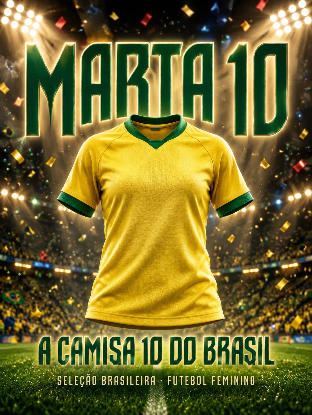 "Marta 10
A CAMISA 10 DO BRASIL
SELEÇÃO BRASILEIRA · FUTEBOL FEMININO" — Sports Football | AI Text Effect Generator