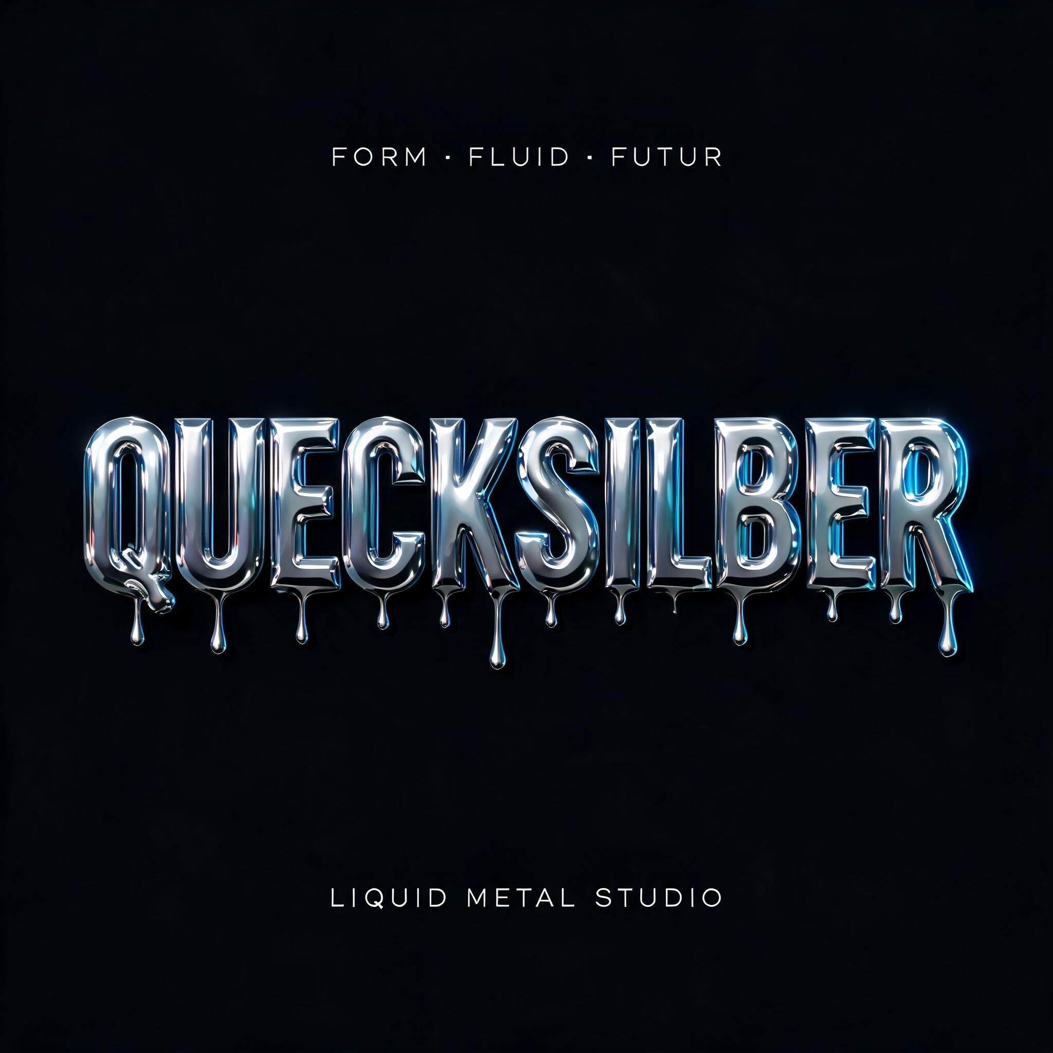 "QUECKSILBER
FORM · FLUID · FUTUR
LIQUID METAL STUDIO" — Chrome Metal 3d | AI Text Effect Generator