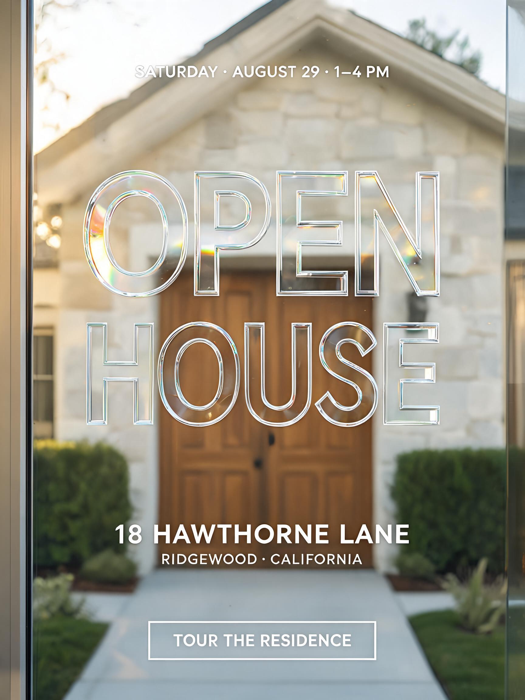 "Make me see-through glass letters that say OPEN HOUSE on a clear pane" — Glass Morphism | AI Text Effect Generator