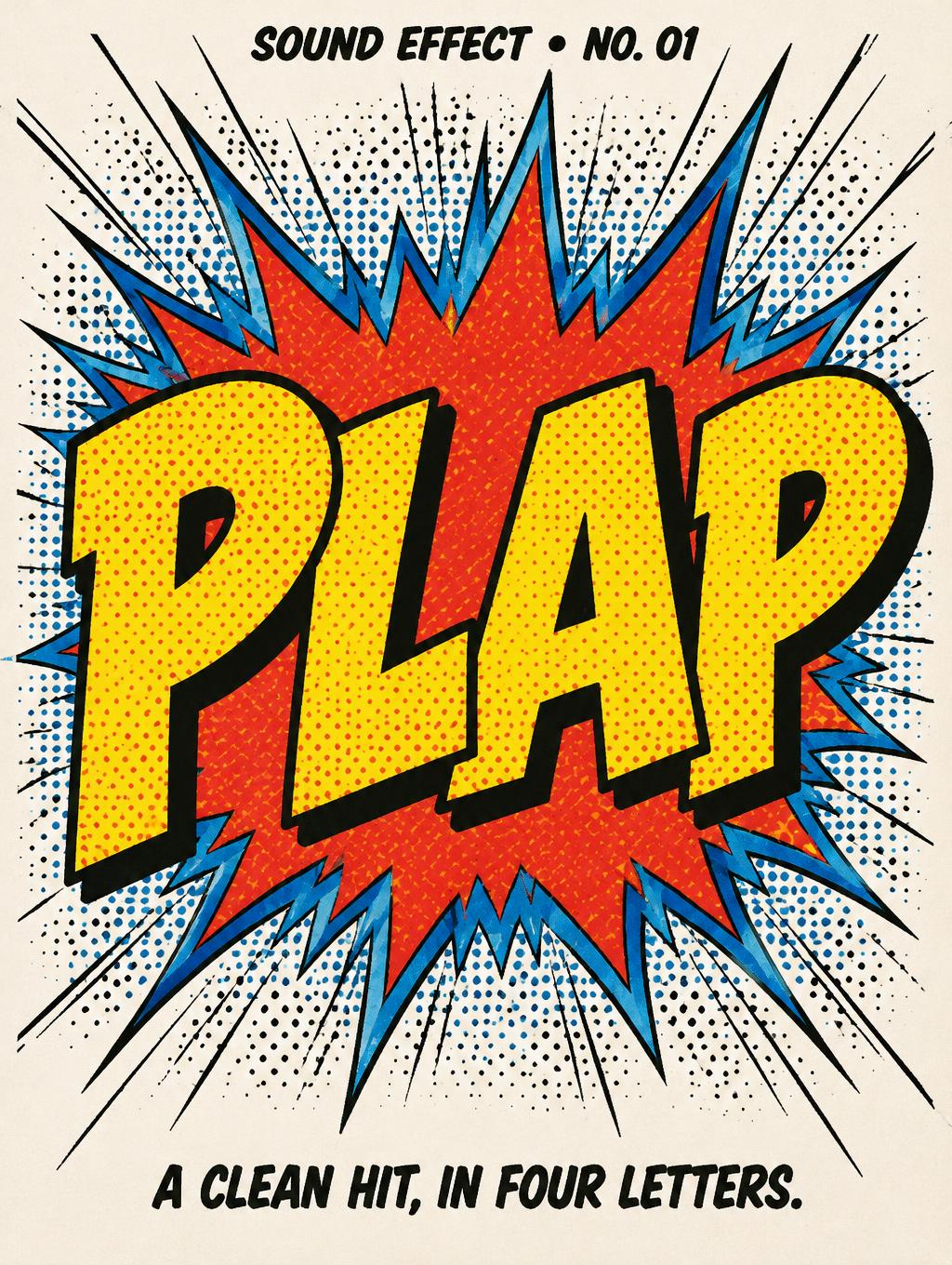 "PLAP
SOUND EFFECT • NO. 01
A CLEAN HIT, IN FOUR LETTERS." — Comic Book | AI Text Effect Generator