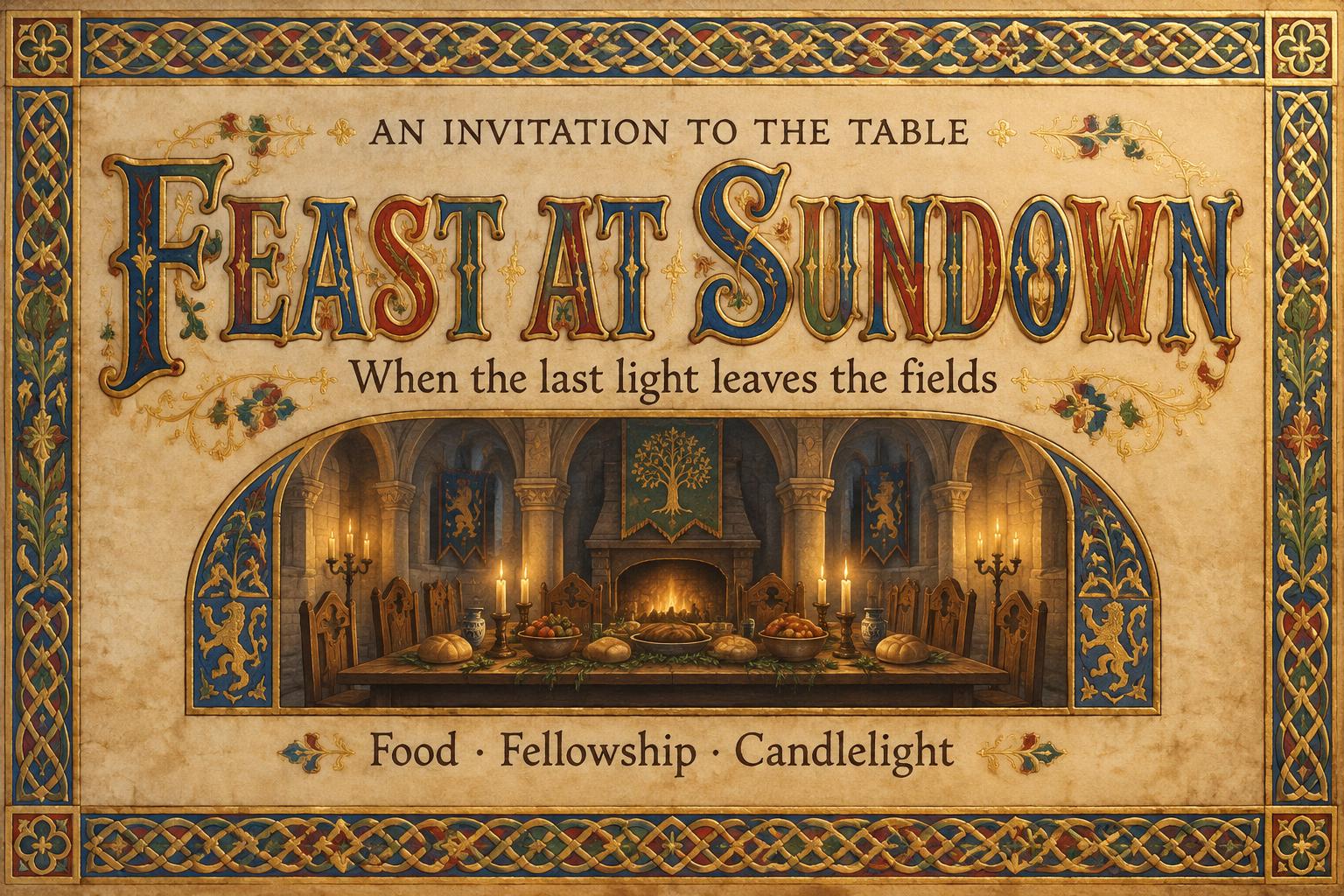 "FEAST AT SUNDOWN
AN INVITATION TO THE TABLE
When the last light leaves the fields
Food · Fellowship · Candlelight" — Medieval | AI Text Effect Generator