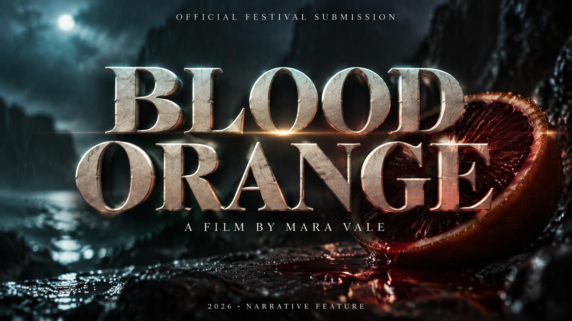 "BLOOD ORANGE
OFFICIAL FESTIVAL SUBMISSION
A FILM BY MARA VALE
2026 · NARRATIVE FEATURE" — Cinematic Netflix | AI Text Effect Generator