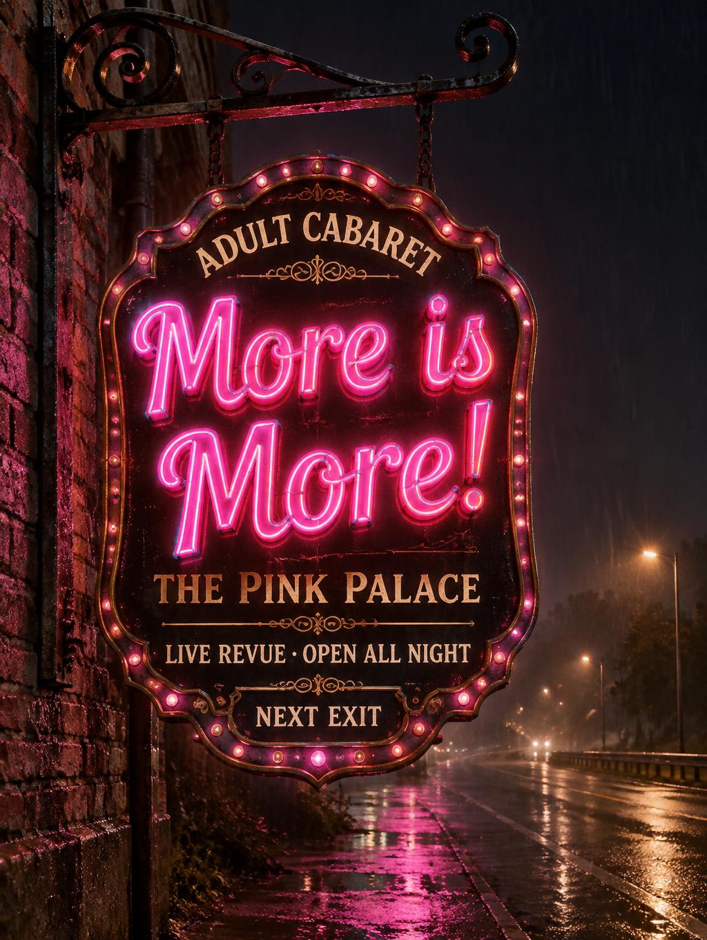 "More is More!
THE PINK PALACE
ADULT CABARET
LIVE REVUE · OPEN ALL NIGHT
NEXT EXIT" — Cyberpunk Electric Neon text effect