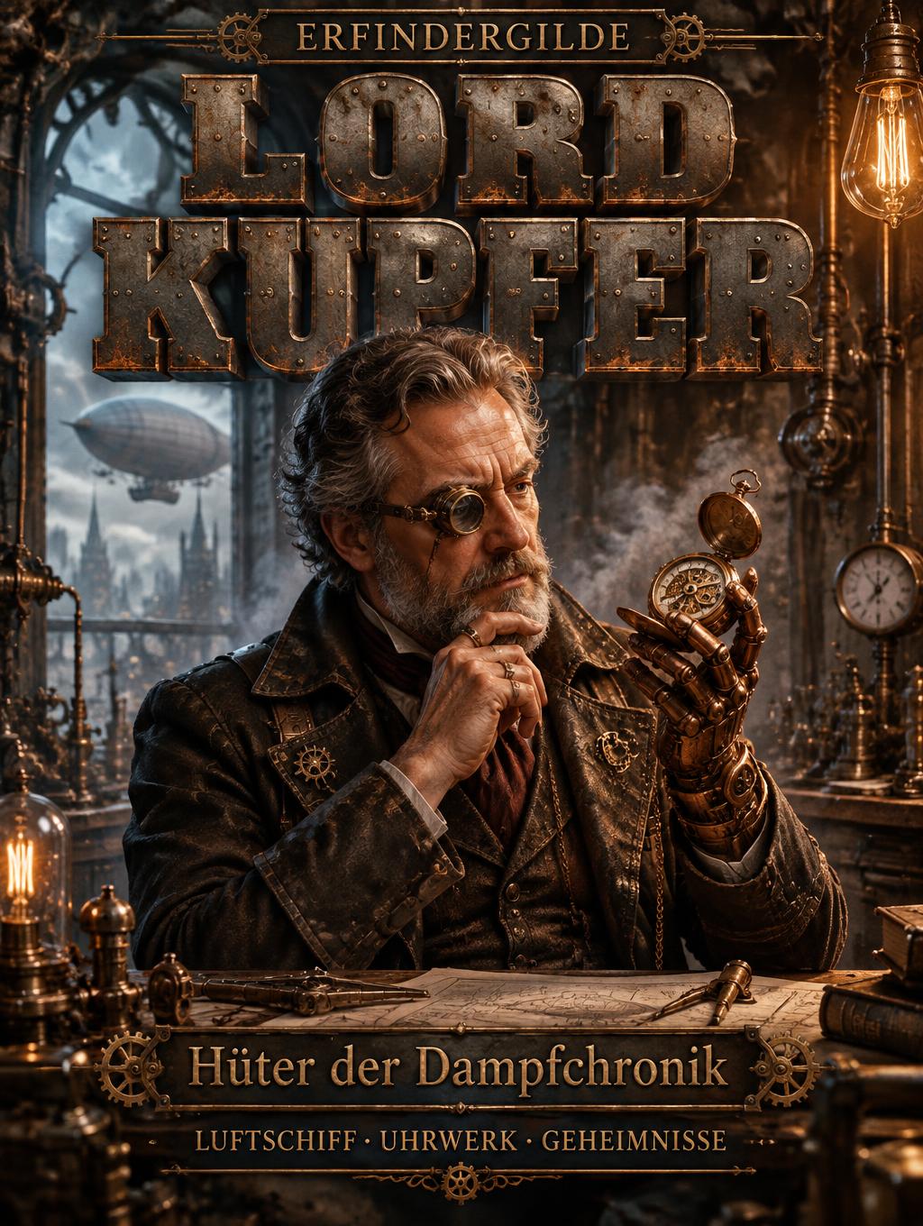 "LORD KUPFER
ERFINDERGILDE
Hüter der Dampfchronik
LUFTSCHIFF · UHRWERK · GEHEIMNISSE" — Steampunk text effect
