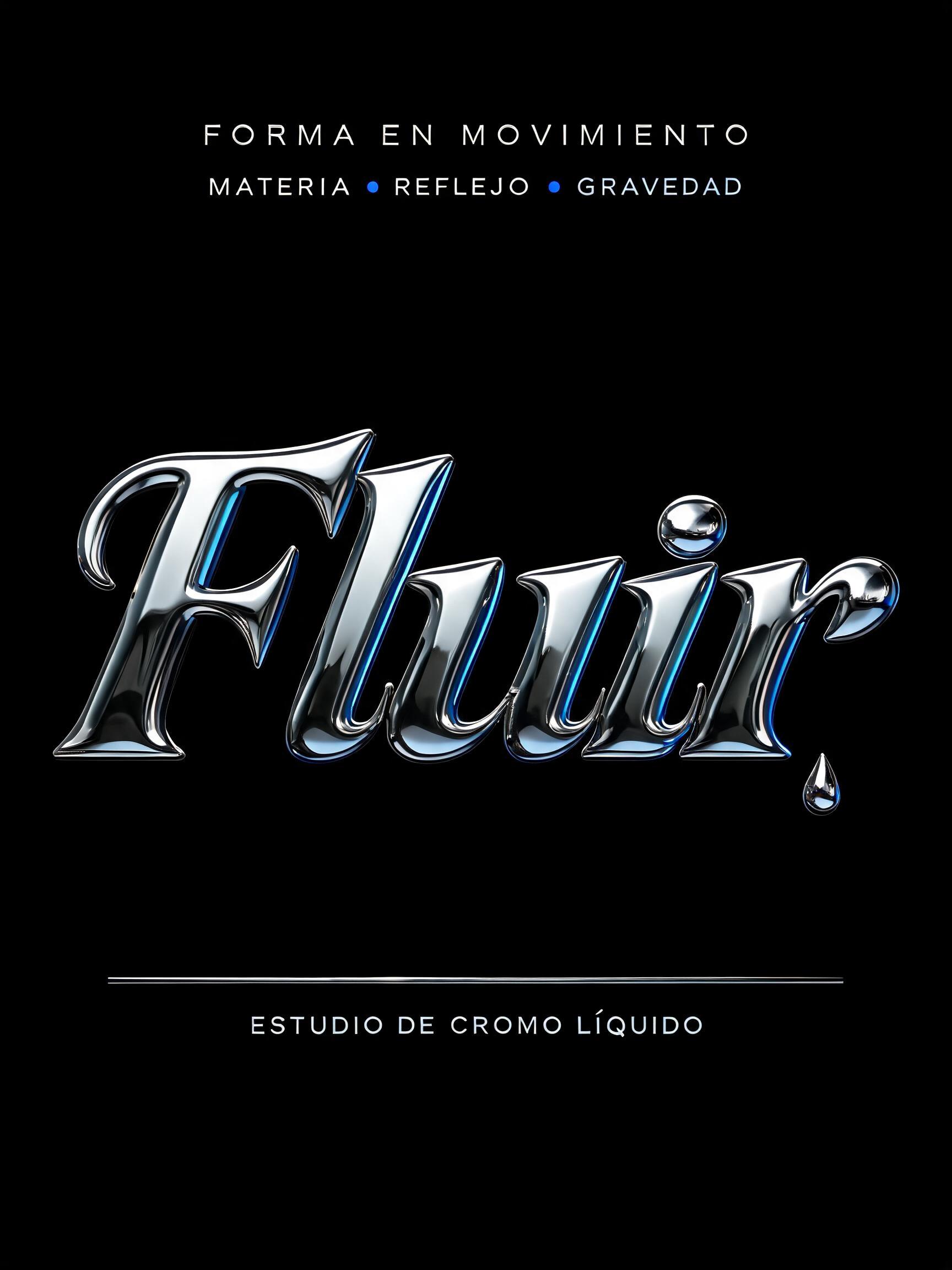 "Fluir
FORMA EN MOVIMIENTO
MATERIA · REFLEJO · GRAVEDAD
ESTUDIO DE CROMO LÍQUIDO" — Chrome Metal 3d | AI Text Effect Generator
