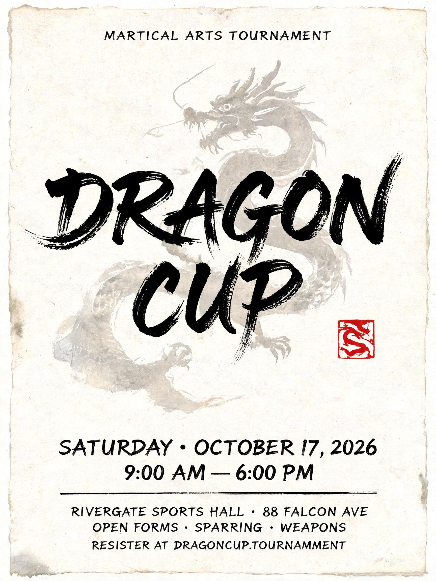 "DRAGON CUP
MARTIAL ARTS TOURNAMENT
SATURDAY · OCTOBER 17, 2026
9:00 AM — 6:00 PM
RIVERGATE SPORTS HALL · 88 FALCON AVE
OPEN FORMS · SPARRING · WEAPONS
REGISTER AT DRAGONCUP.TOURNAMENT" — Brush Chinese Ink | AI Text Effect Generator