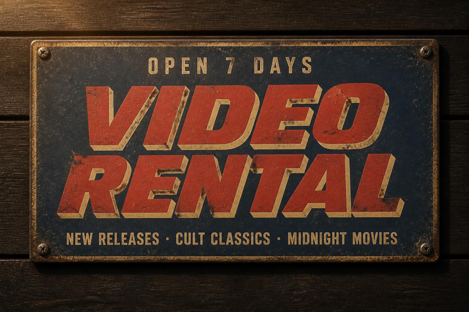 "VIDEO
RENTAL
OPEN 7 DAYS
NEW RELEASES · CULT CLASSICS · MIDNIGHT MOVIES" — Vintage | AI Text Effect Generator