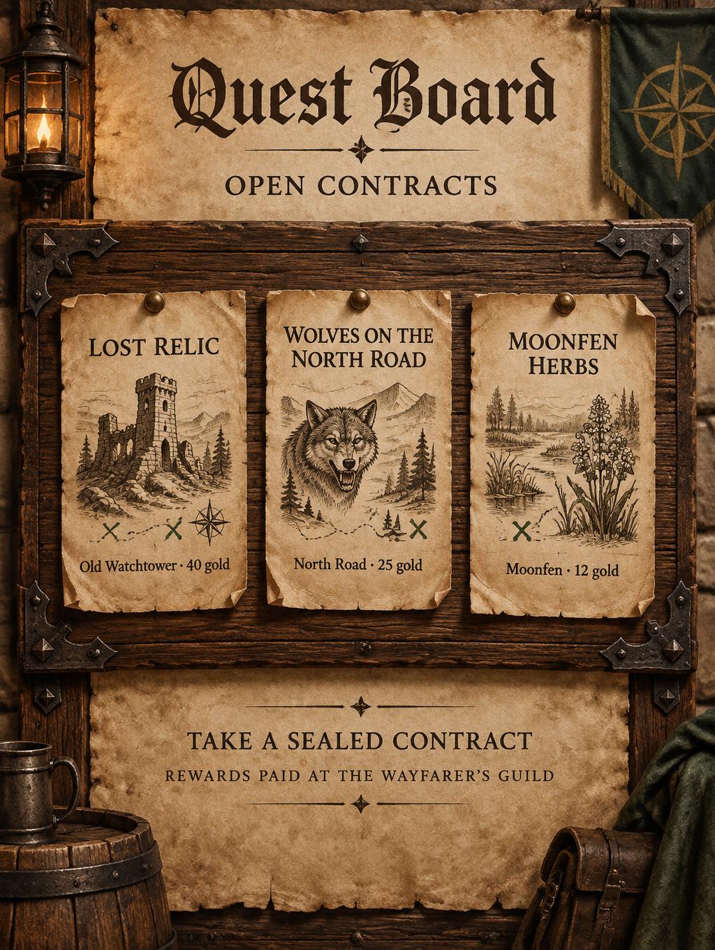 "Quest Board
OPEN CONTRACTS
LOST RELIC
Old Watchtower · 40 gold
WOLVES ON THE NORTH ROAD
North Road · 25 gold
MOONFEN HERBS
Moonfen · 12 gold
TAKE A SEALED CONTRACT
REWARDS PAID AT THE WAYFARER’S GUILD" —  text effect