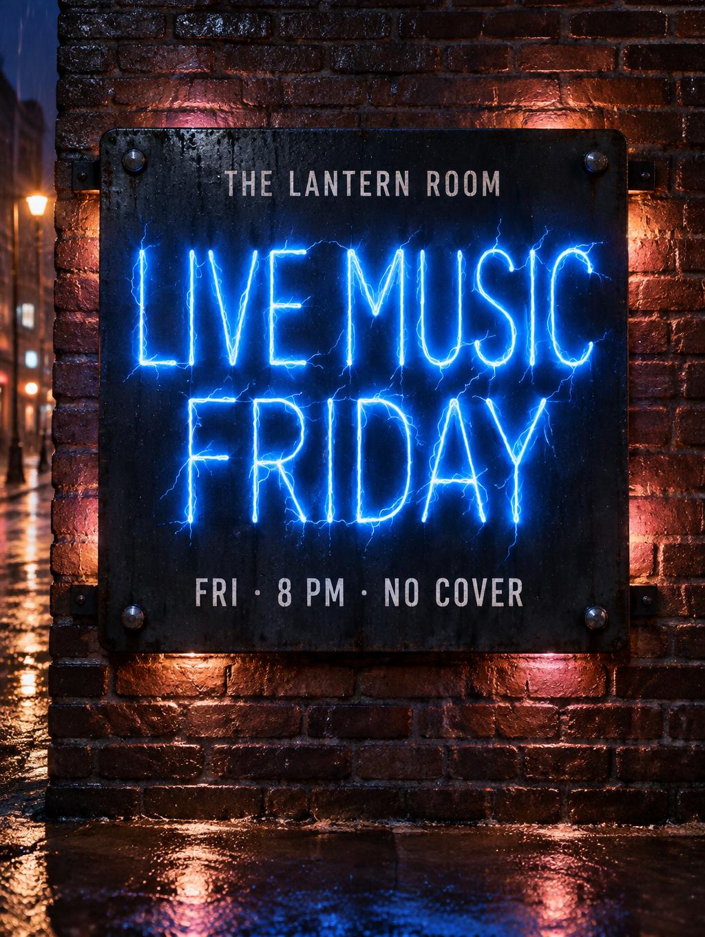 "LIVE MUSIC
FRIDAY
THE LANTERN ROOM
FRI · 8 PM · NO COVER" — Neon Sign | AI Text Effect Generator