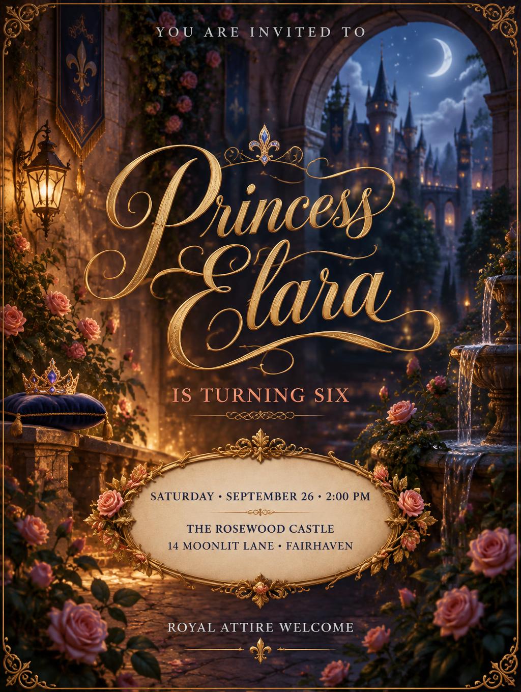 "Princess Elara
YOU ARE INVITED TO
IS TURNING SIX
SATURDAY • SEPTEMBER 26 • 2:00 PM
THE ROSEWOOD CASTLE
14 MOONLIT LANE • FAIRHAVEN
ROYAL ATTIRE WELCOME" — Fairy Tale | AI Text Effect Generator