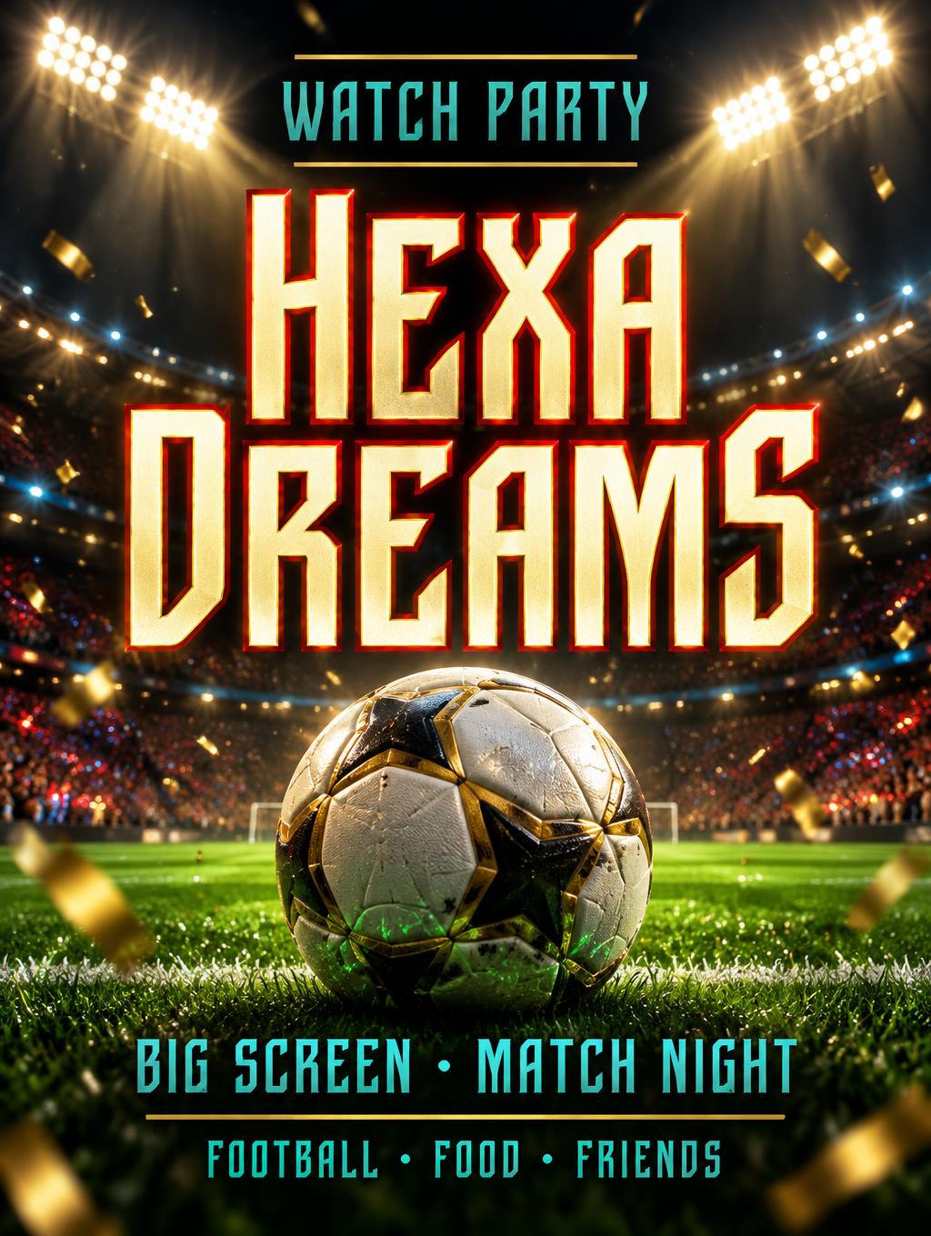 "Hexa Dreams
WATCH PARTY
BIG SCREEN · MATCH NIGHT
FOOTBALL • FOOD • FRIENDS" — Sports Football | AI Text Effect Generator