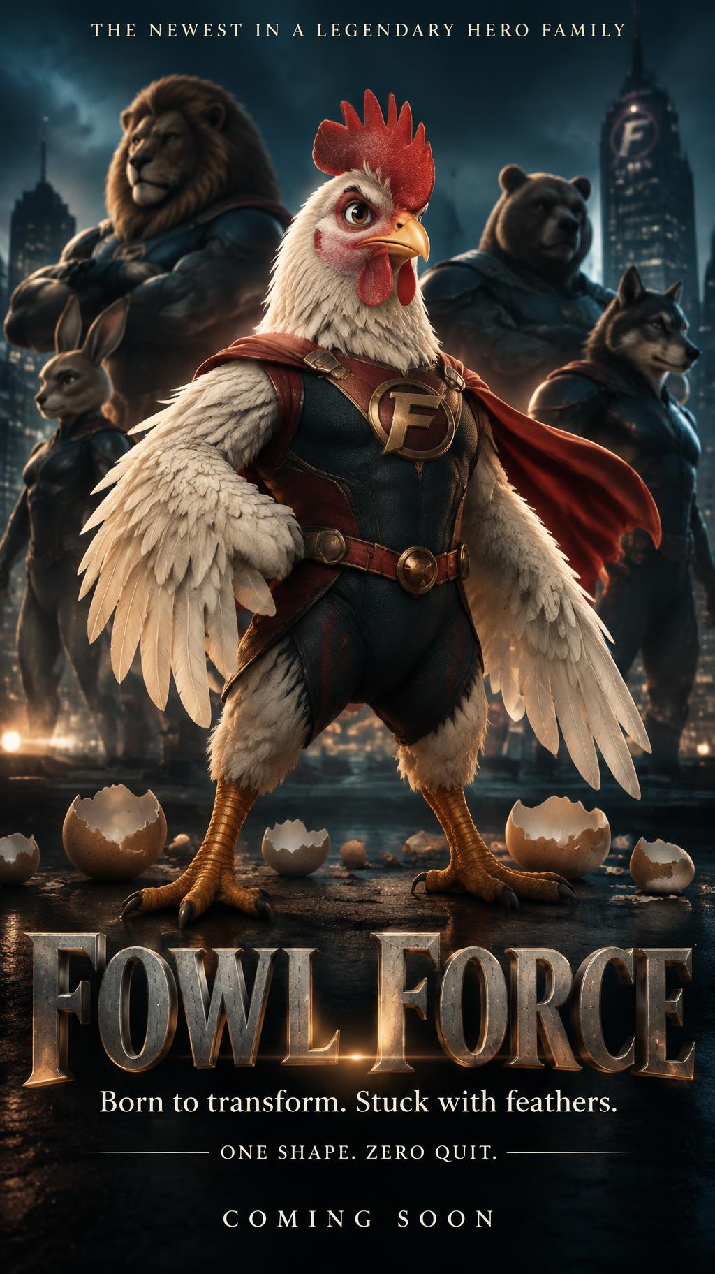"FOWL FORCE
Born to transform. Stuck with feathers.
THE NEWEST IN A LEGENDARY HERO FAMILY
ONE SHAPE. ZERO QUIT.
COMING SOON" — Cinematic | AI Text Effect Generator