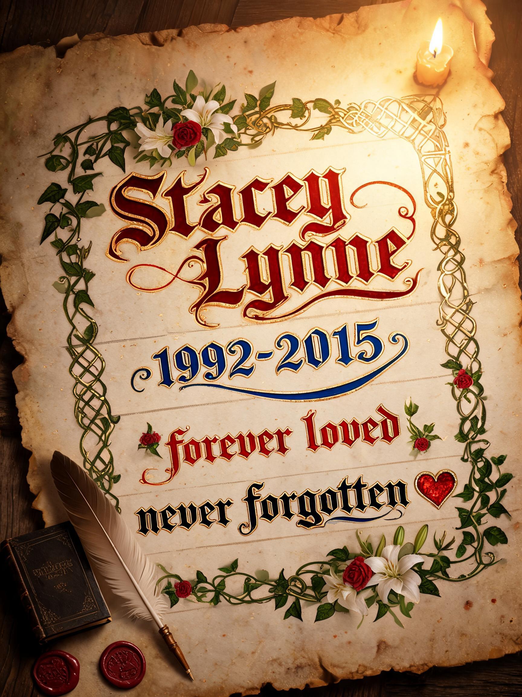 "Stacey Lynne 1992-2015 forever loved never forgotten ♥" — Medieval text effect