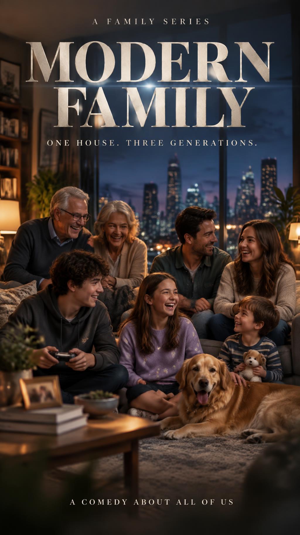 "MODERN FAMILY
ONE HOUSE. THREE GENERATIONS.
A FAMILY SERIES
A COMEDY ABOUT ALL OF US" — Cinematic Netflix | AI Text Effect Generator