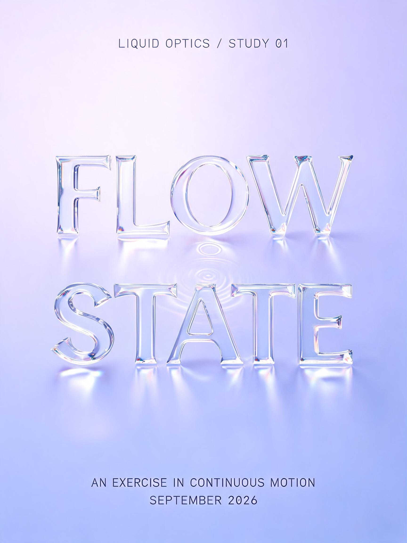 "FLOW
STATE
LIQUID OPTICS / STUDY 01
AN EXERCISE IN CONTINUOUS MOTION
SEPTEMBER 2026" — Glass | AI Text Effect Generator