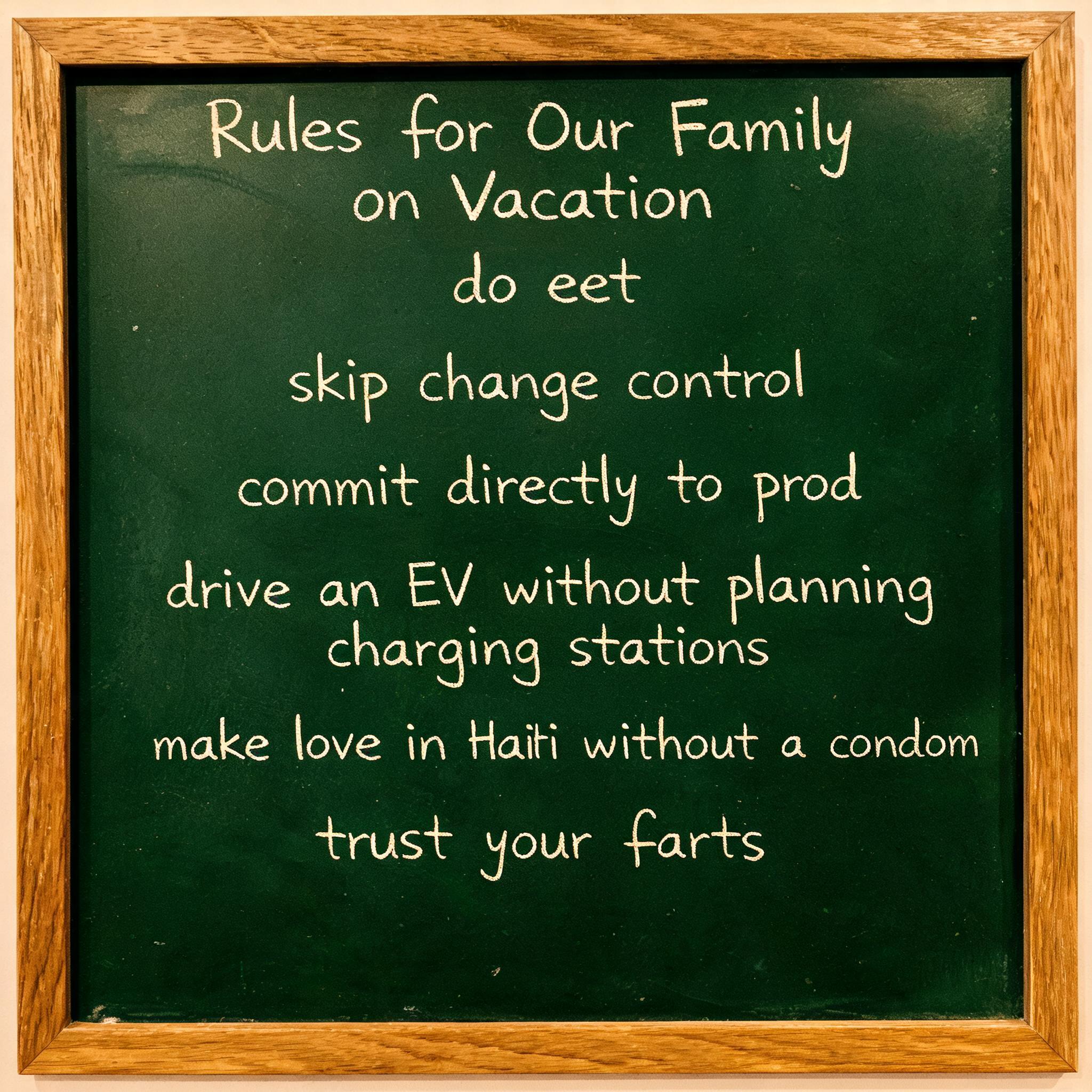 "Rules for Our Family on Vacation
do eet
skip change control
commit directly to prod
drive an EV without planning charging stations
make love in Haiti without a condom
trust your farts" — Chalk | AI Text Effect Generator