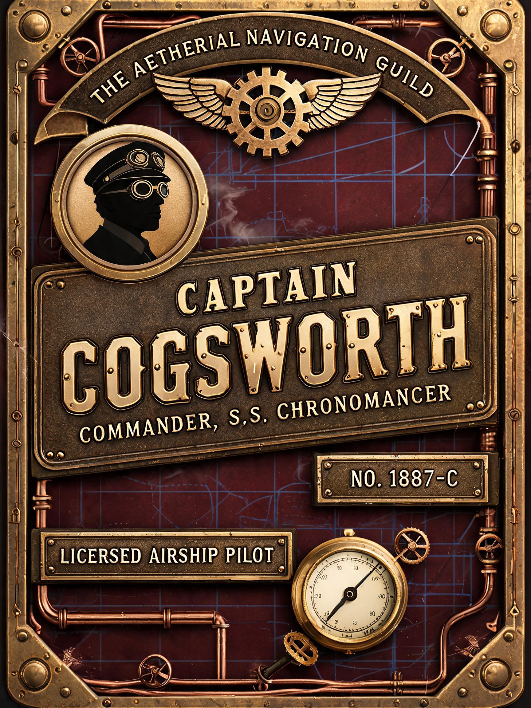 "Design a cosplay badge for my steampunk persona Captain Cogsworth" — Steampunk text effect