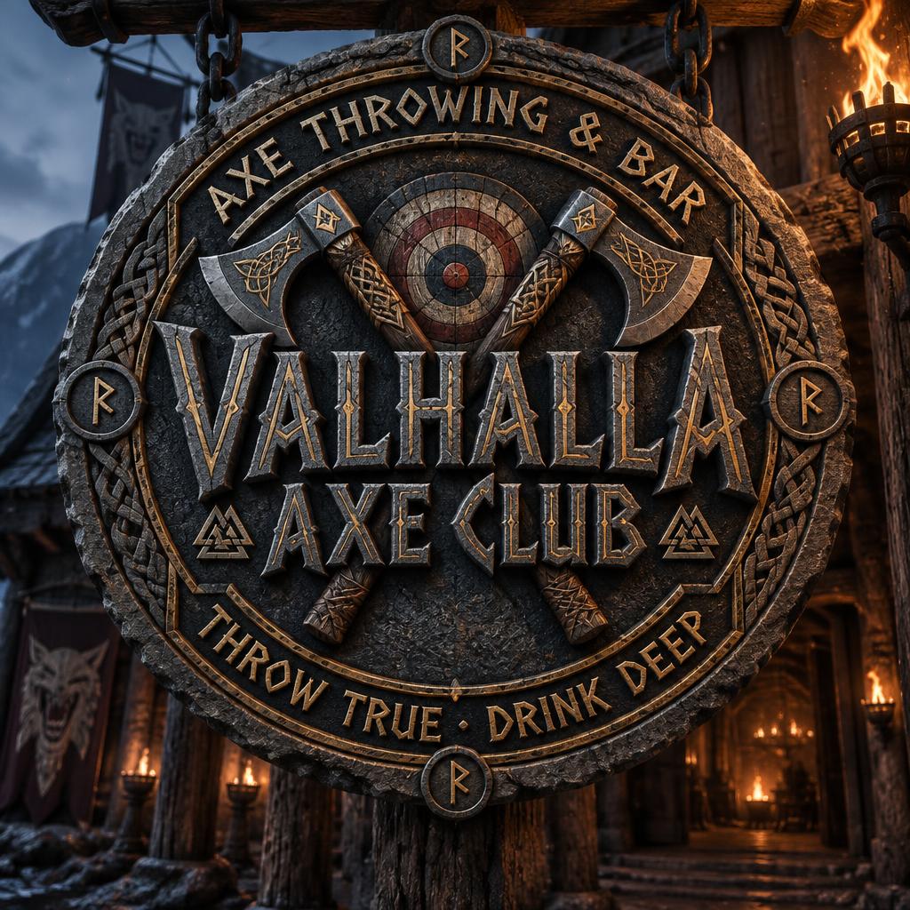 "VALHALLA AXE CLUB
AXE THROWING & BAR
THROW TRUE · DRINK DEEP" — Viking | AI Text Effect Generator