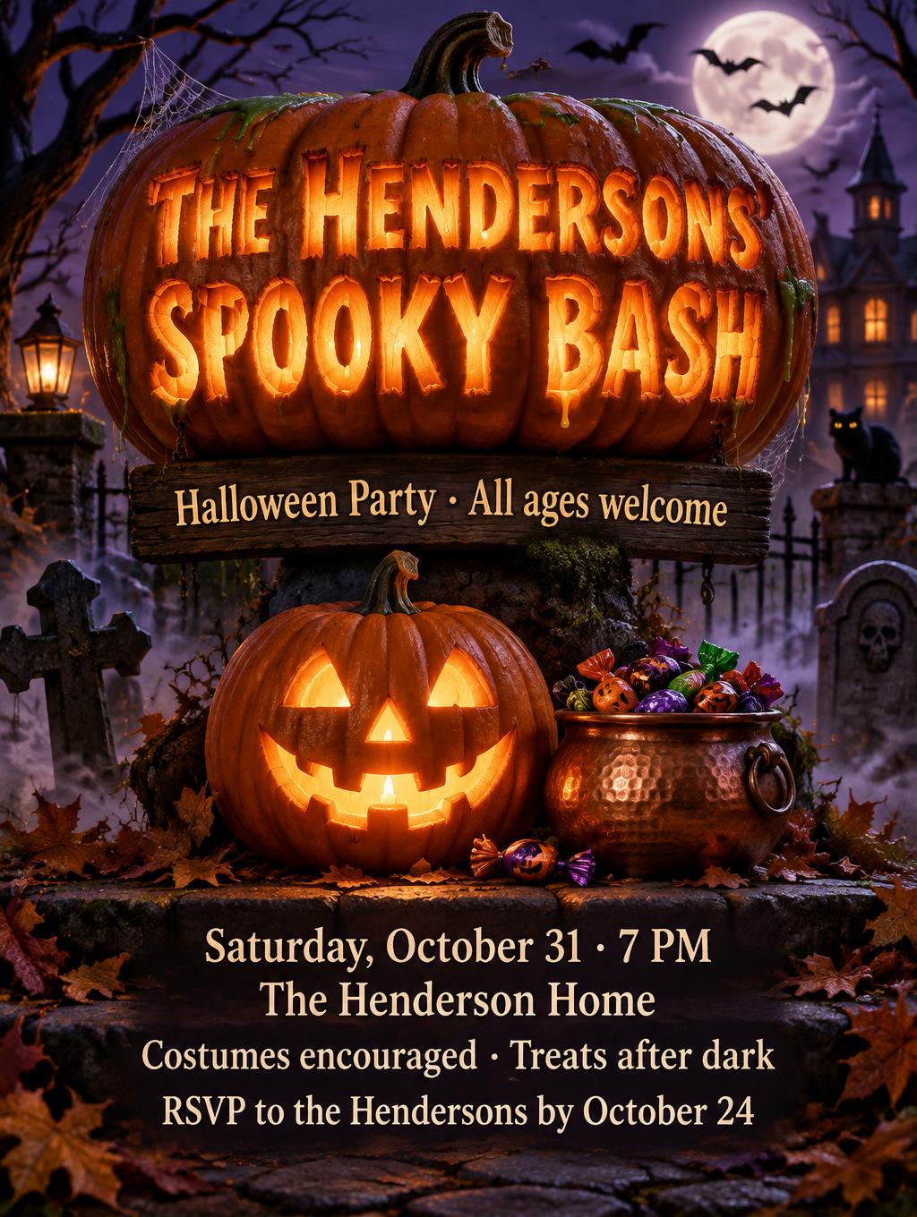 "THE HENDERSONS' SPOOKY BASH
Halloween Party · All ages welcome
Saturday, October 31 · 7 PM
The Henderson Home
Costumes encouraged · Treats after dark
RSVP to the Hendersons by October 24" — Halloween | AI Text Effect Generator
