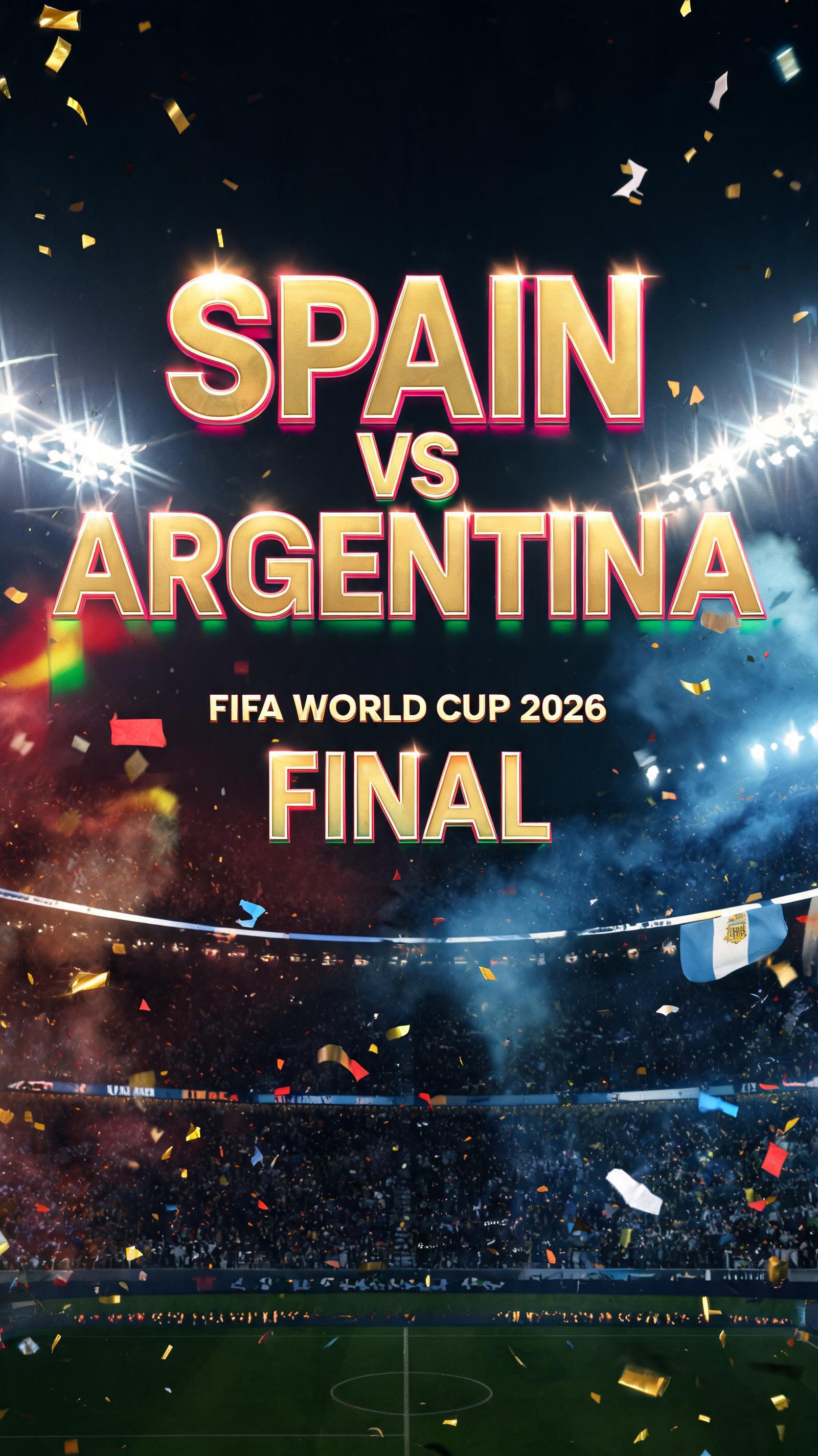 "Create a FIFA World Cup 2026 Final poster featuring Spain vs Argentina. Show one player from each team, the World Cup trophy in the center, a packed stadium, dramatic lighting, and the text "SPAIN VS ARGENTINA". Cinematic, realistic, no watermarks." — Sports Football | AI Text Effect Generator