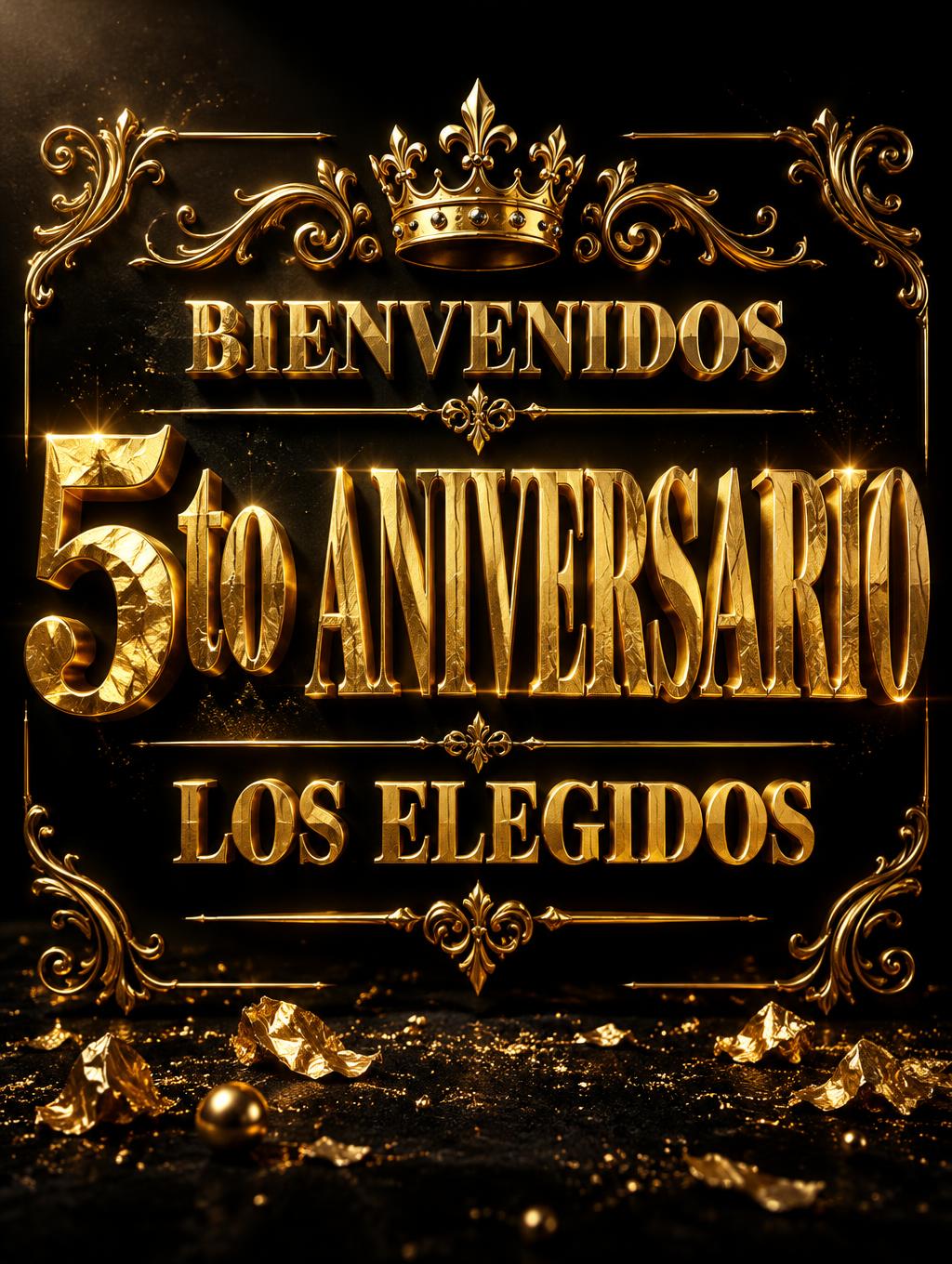 "BIENVENIDOS
5to ANIVERSARIO
LOS ELEGIDOS" — Luxury Gold | AI Text Effect Generator