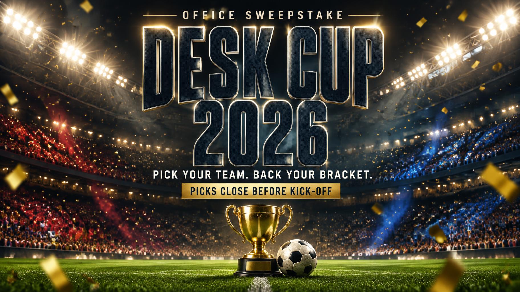 "DESK CUP 2026
OFFICE SWEEPSTAKE
PICK YOUR TEAM. BACK YOUR BRACKET.
PICKS CLOSE BEFORE KICK-OFF" — Sports Football | AI Text Effect Generator