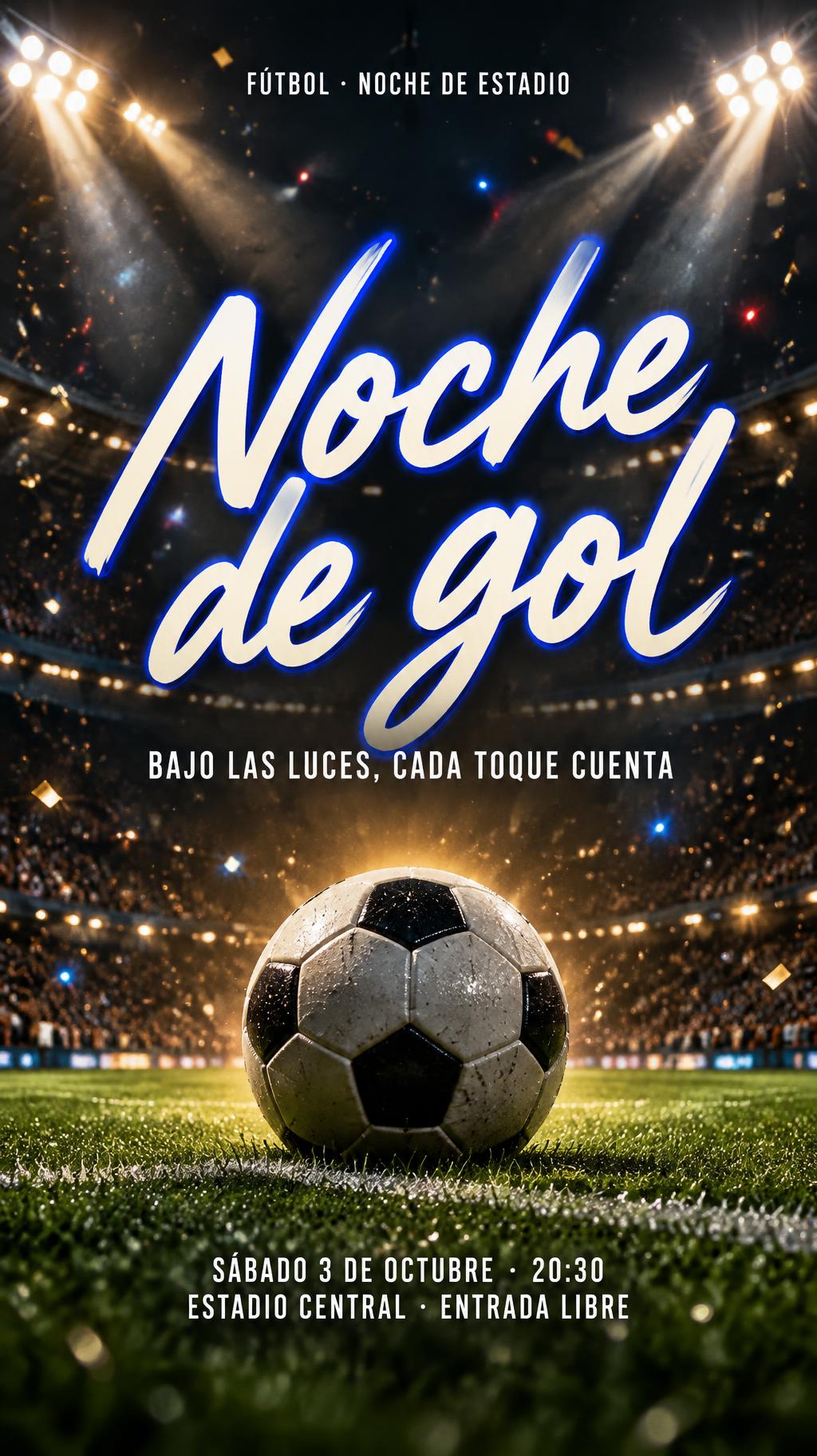 "Noche de gol
FÚTBOL · NOCHE DE ESTADIO
Bajo las luces, cada toque cuenta
SÁBADO 3 DE OCTUBRE · 20:30
ESTADIO CENTRAL · ENTRADA LIBRE" — Sports Football | AI Text Effect Generator