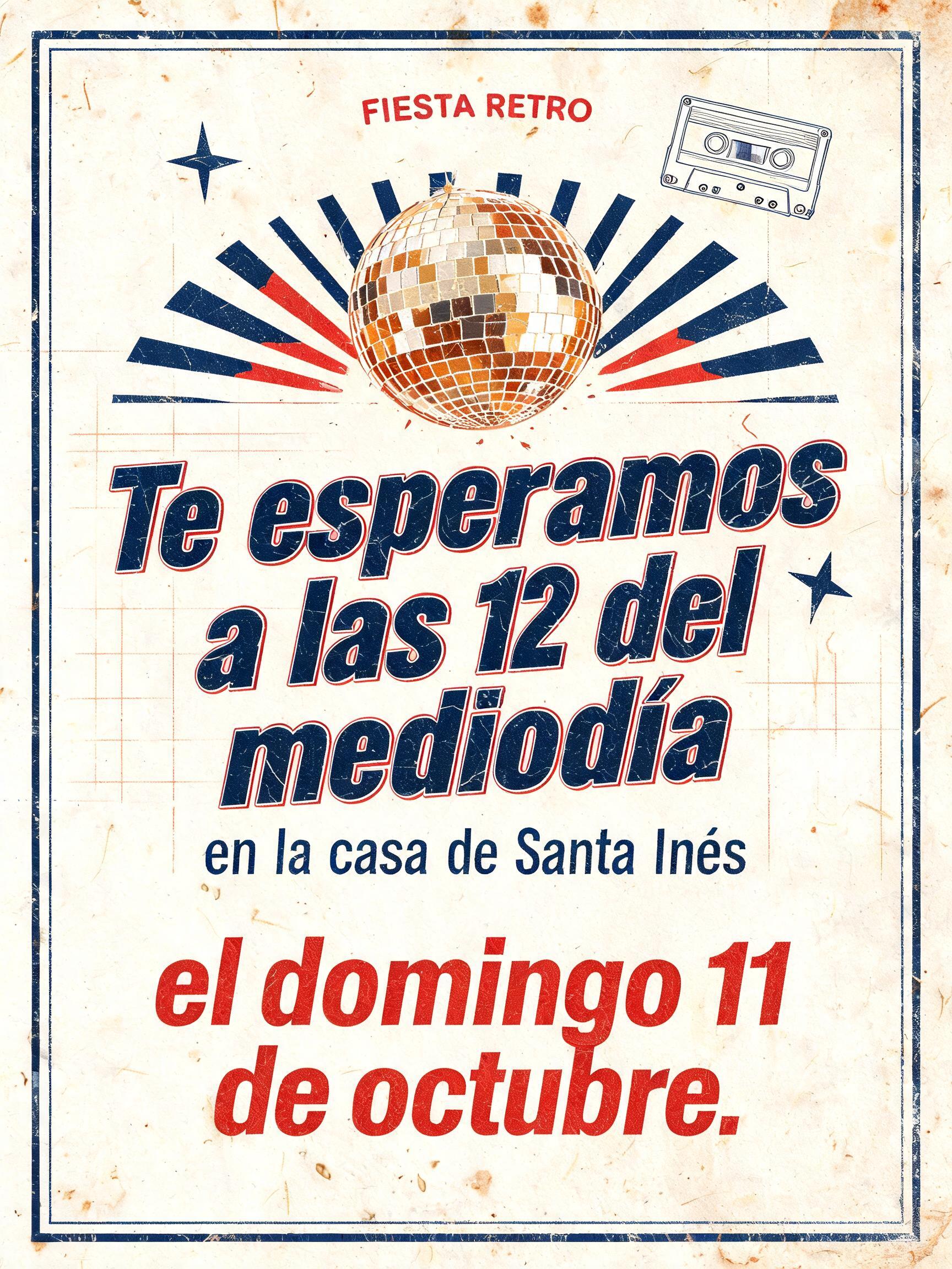 "FIESTA RETRO
Te esperamos
a las 12 del mediodía
en la casa de Santa Inés
el domingo 11 de octubre." — Vintage text effect