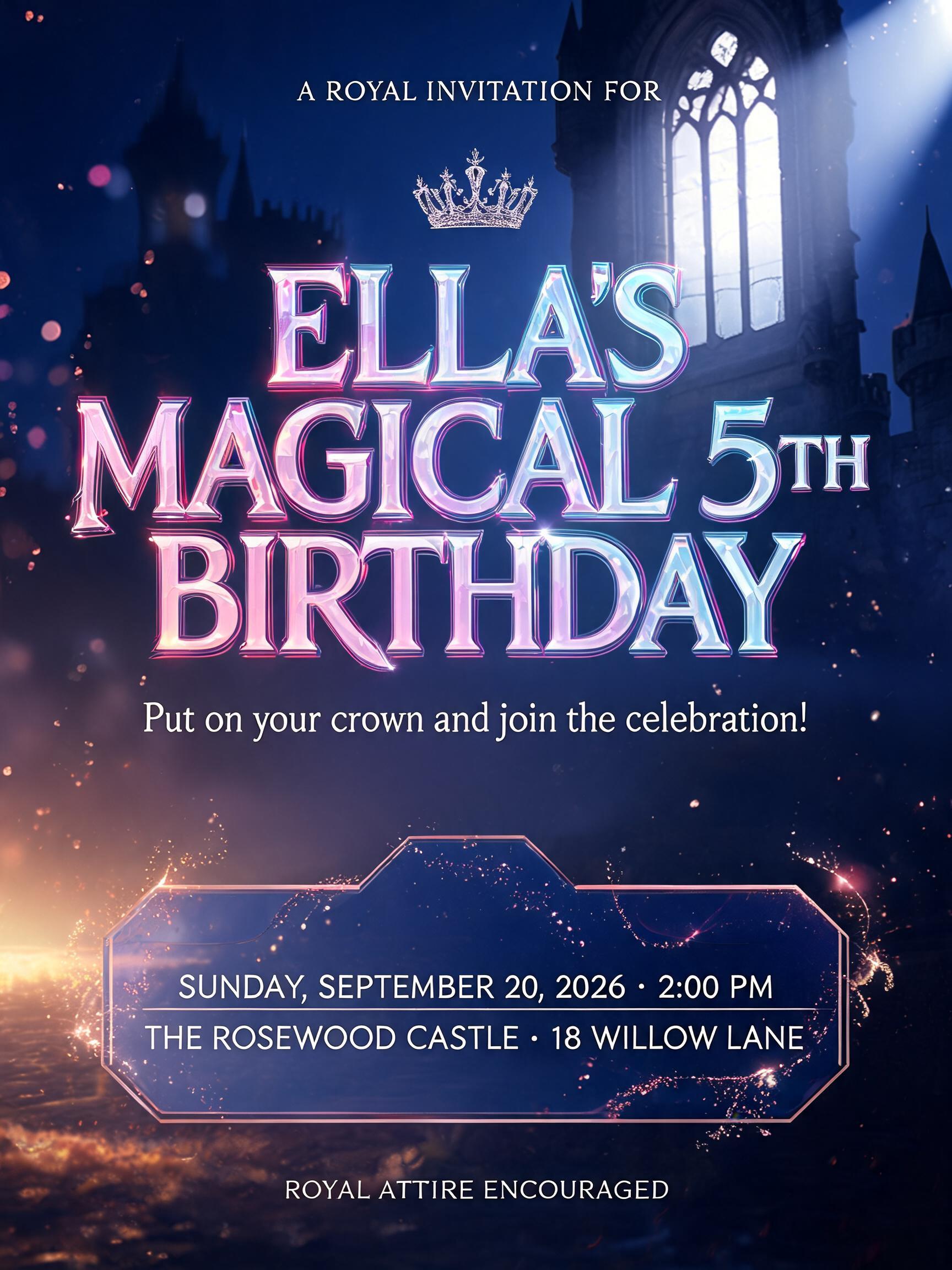 A ROYAL INVITATION FOR
ELLA’S
MAGICAL 5TH
BIRTHDAY
Put on your crown and join the celebration!
SUNDAY, SEPTEMBER 20, 2026 · 2:00 PM
THE ROSEWOOD CASTLE · 18 WILLOW LANE
ROYAL ATTIRE ENCOURAGED