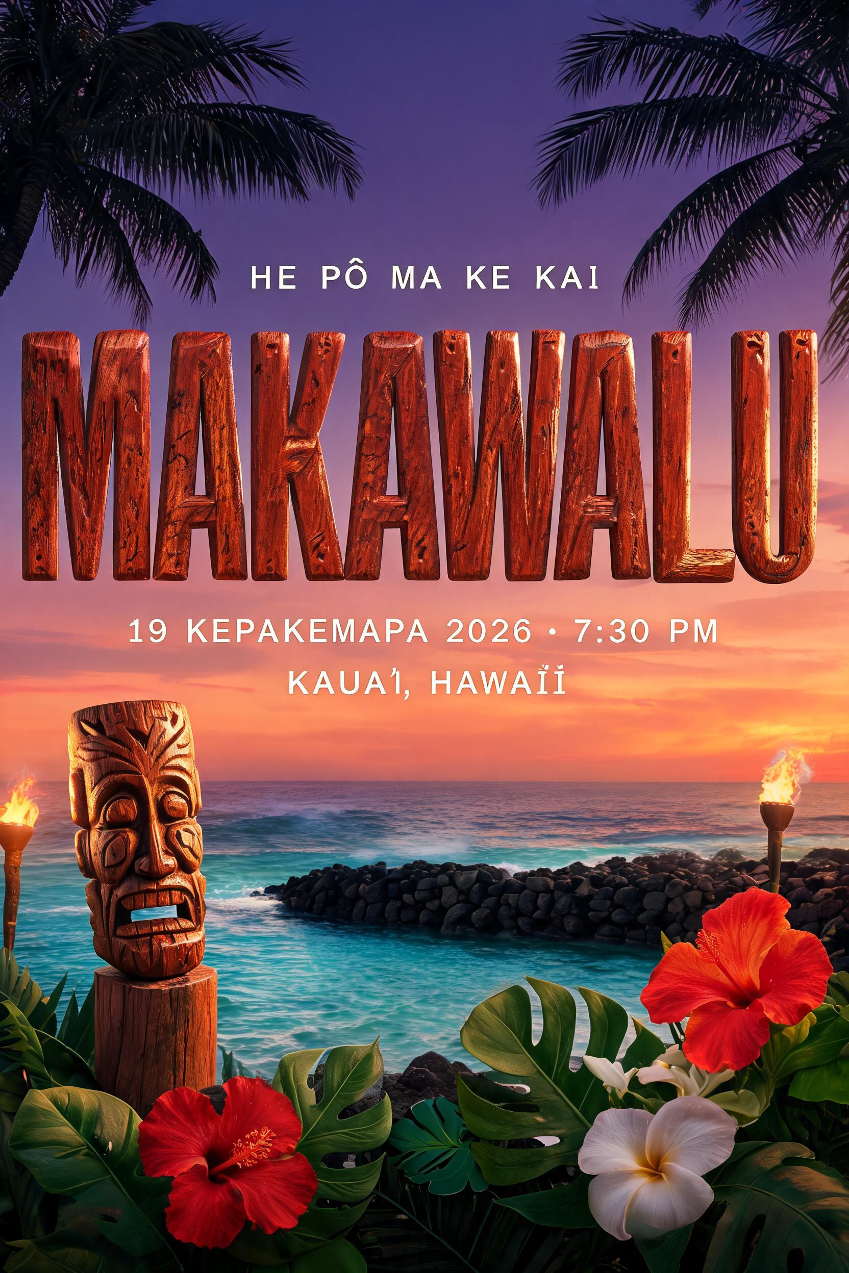 "MAKAWALU
HE PŌ MA KE KAI
19 KEPAKEMAPA 2026 · 7:30 PM
KAUAʻI, HAWAIʻI" — Hawaiian | AI Text Effect Generator
