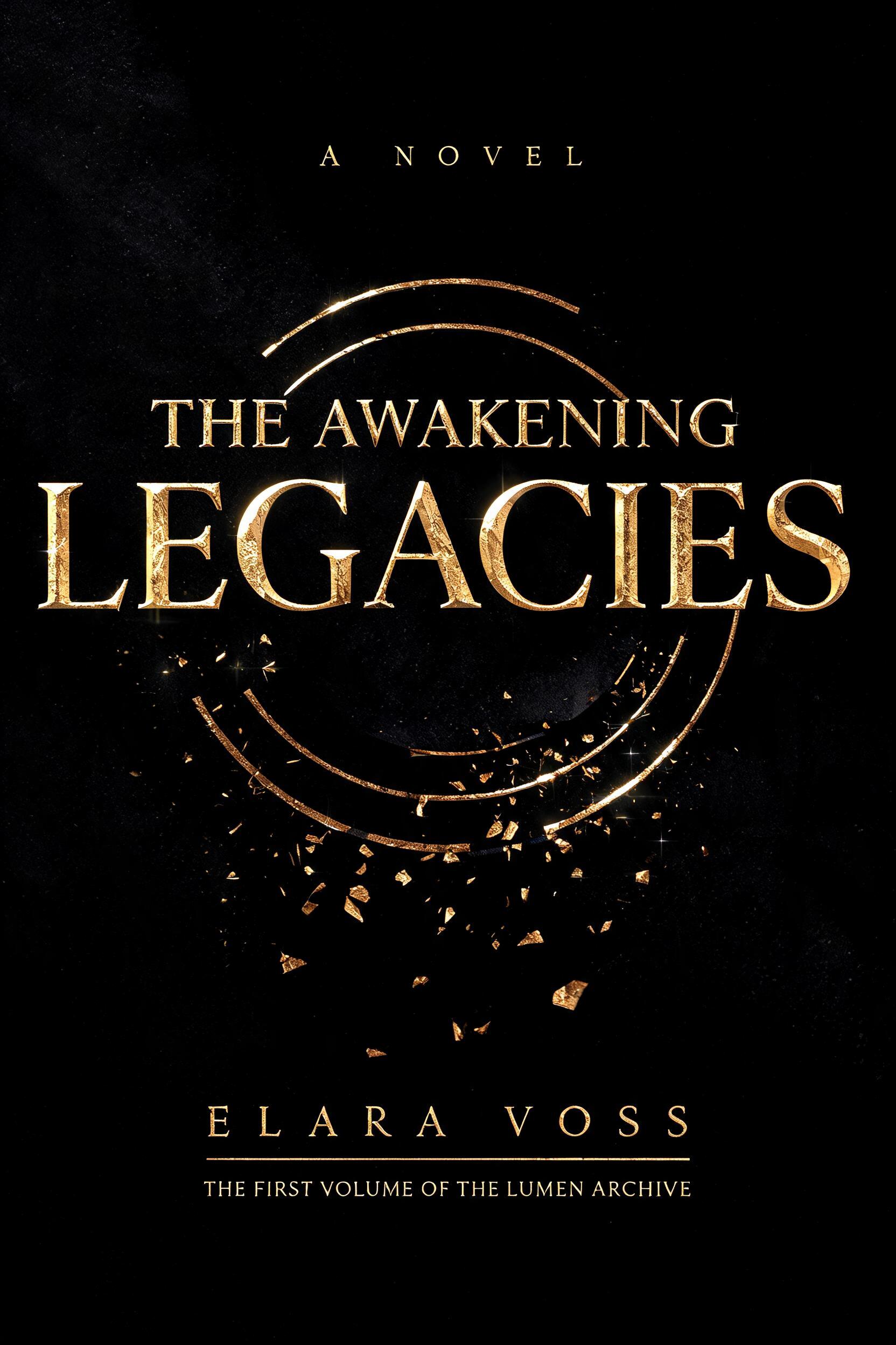 "THE AWAKENING
LEGACIES
A NOVEL
ELARA VOSS
THE FIRST VOLUME OF THE LUMEN ARCHIVE" — luxury gold text effect