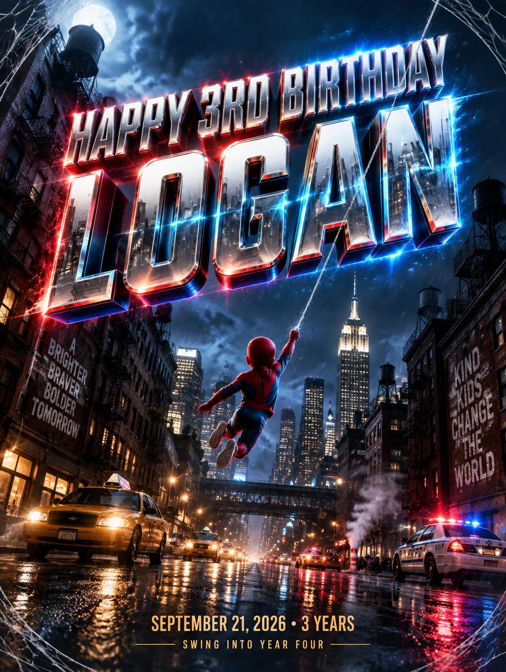 "HAPPY 3RD BIRTHDAY
LOGAN
SEPTEMBER 21, 2026 • 3 YEARS
SWING INTO YEAR FOUR" — Spider Hero | AI Text Effect Generator