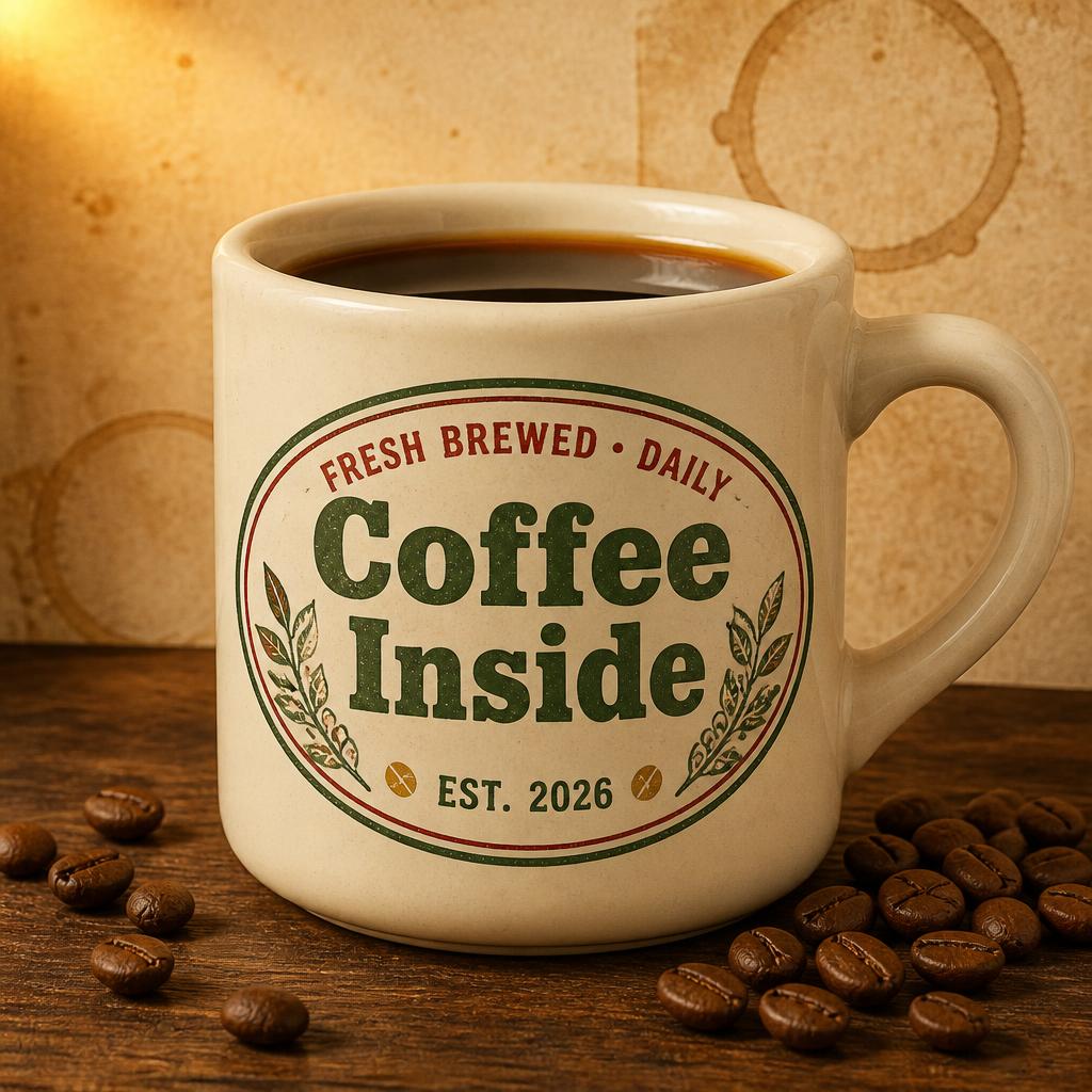 "Coffee Inside
FRESH BREWED • DAILY
EST. 2026" — vintage text effect