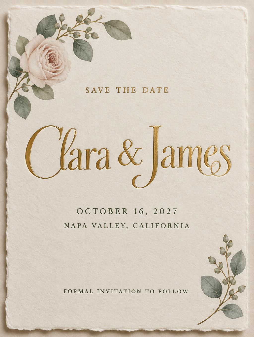 SAVE THE DATE
Clara & James
OCTOBER 16, 2027
NAPA VALLEY, CALIFORNIA
FORMAL INVITATION TO FOLLOW