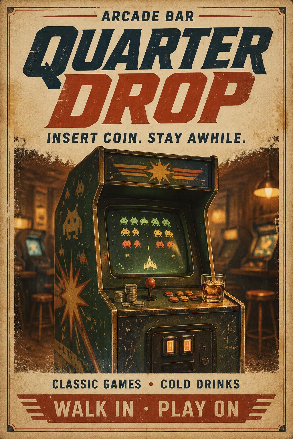 "QUARTER DROP
ARCADE BAR
INSERT COIN. STAY AWHILE.
CLASSIC GAMES • COLD DRINKS
WALK IN · PLAY ON" — Vintage | AI Text Effect Generator