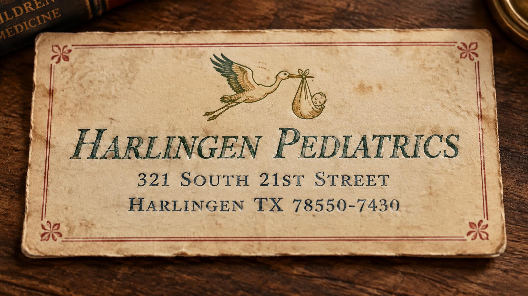 "HARLINGEN PEDIATRICS
321 SOUTH 21ST STREET
HARLINGEN TX 78550-7430" — Vintage | AI Text Effect Generator