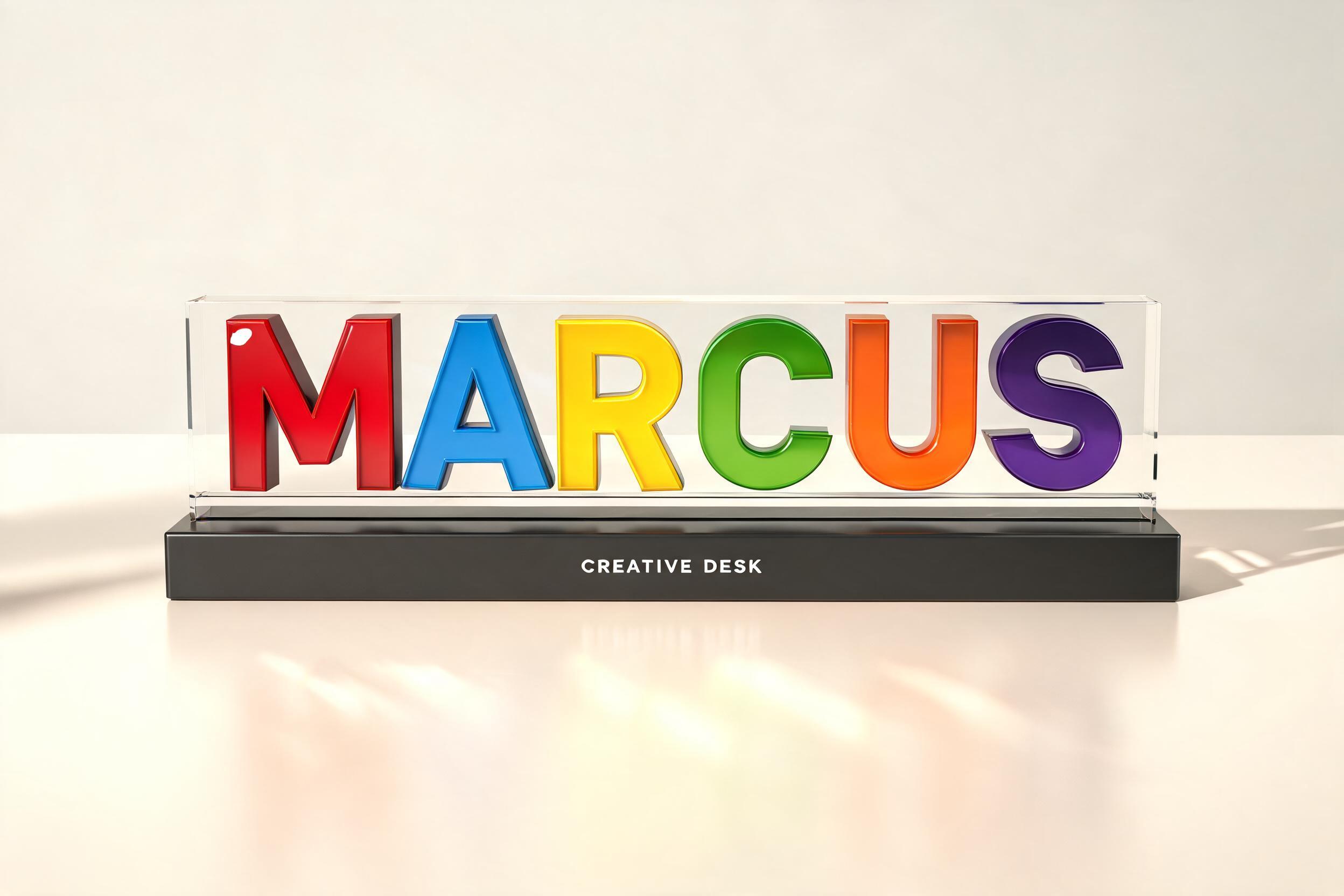 "Make me my name Marcus in thick 3D letters for my desk sign" — 3d Bold | AI Text Effect Generator