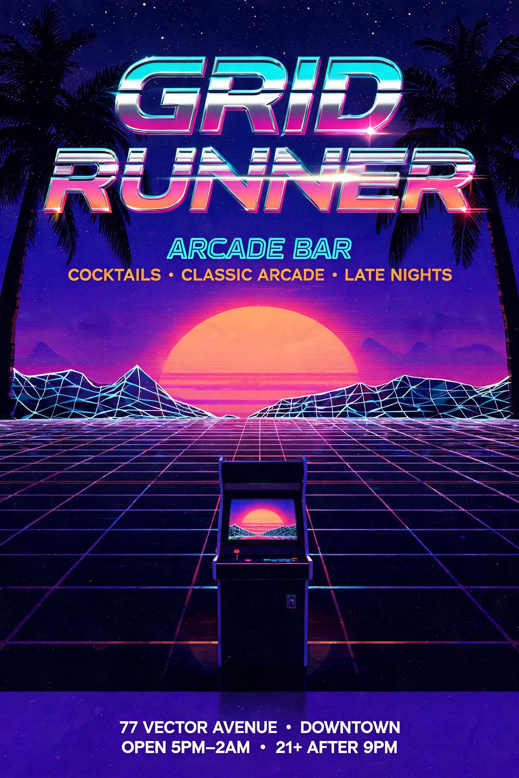 GRID RUNNER
ARCADE BAR
COCKTAILS · CLASSIC ARCADE · LATE NIGHTS
77 VECTOR AVENUE · DOWNTOWN
OPEN 5PM–2AM · 21+ AFTER 9PM