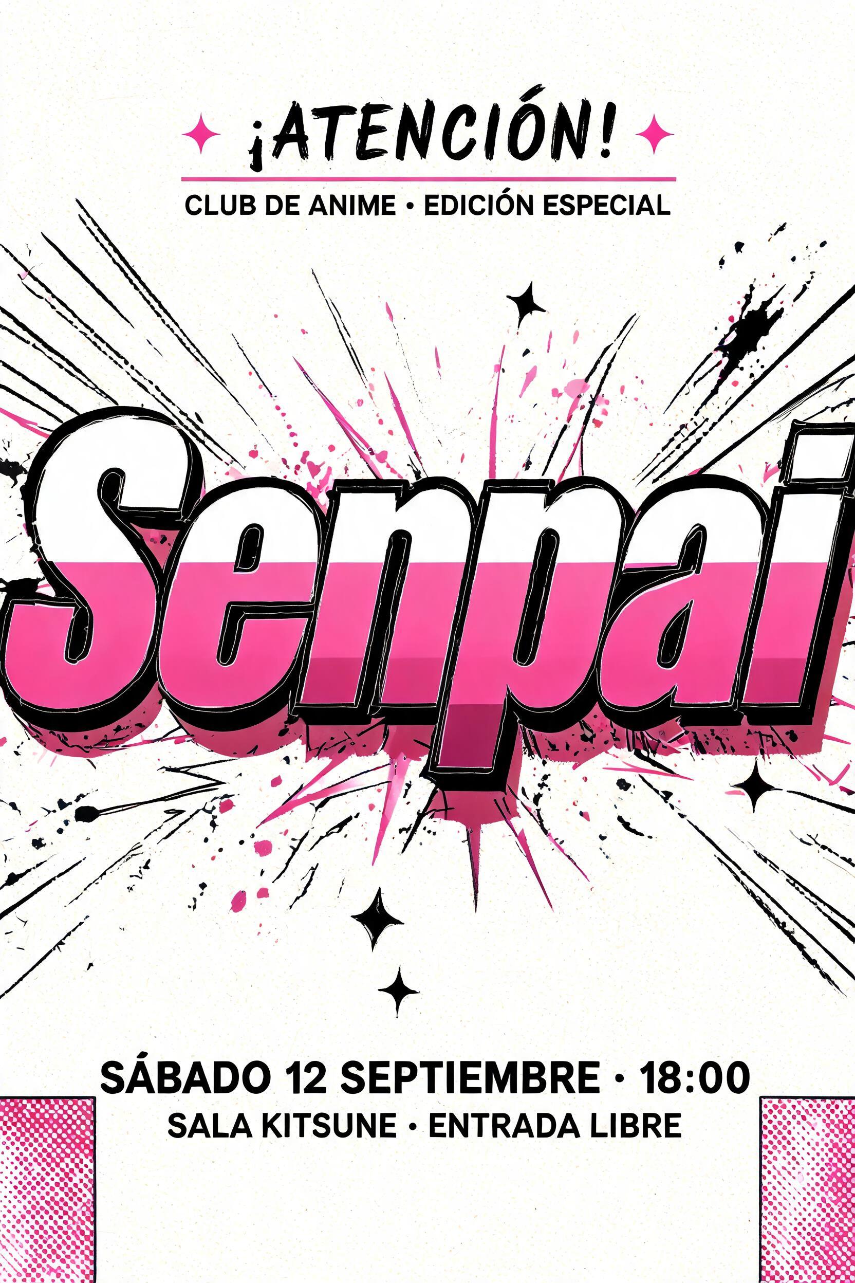 "Senpai
¡ATENCIÓN!
CLUB DE ANIME · EDICIÓN ESPECIAL
SÁBADO 12 SEPTIEMBRE · 18:00
SALA KITSUNE · ENTRADA LIBRE" — Anime | AI Text Effect Generator