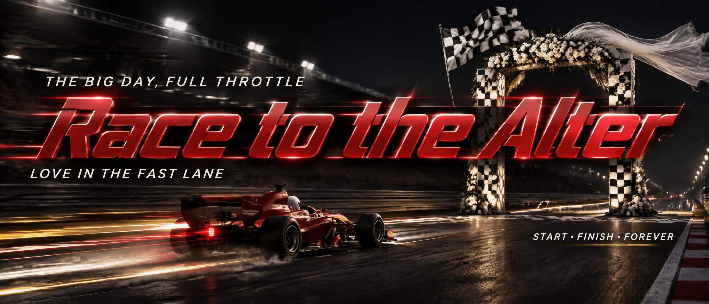"Race to the Alter
THE BIG DAY, FULL THROTTLE
LOVE IN THE FAST LANE
START • FINISH • FOREVER" — Racing | AI Text Effect Generator