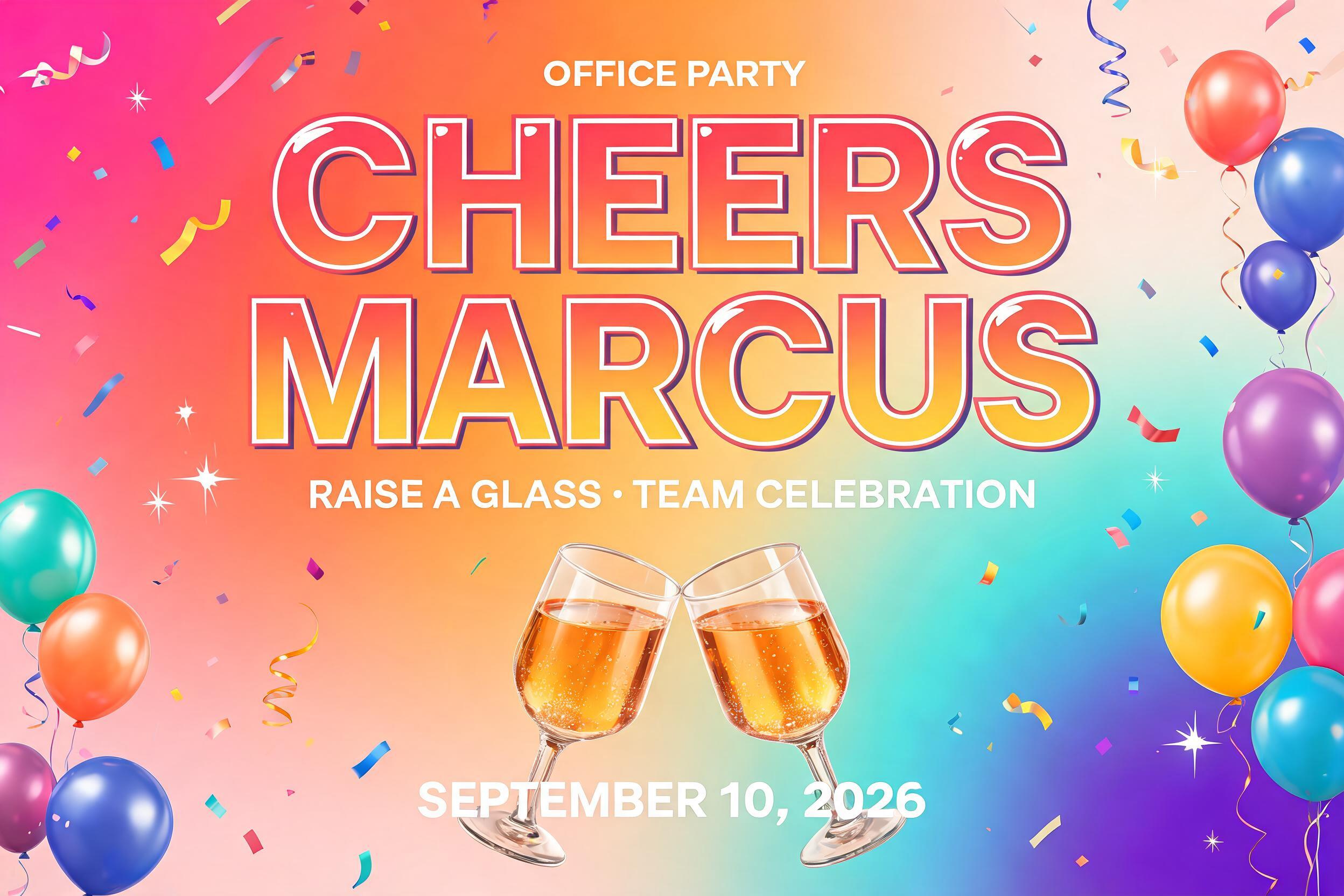"CHEERS
MARCUS
OFFICE PARTY
RAISE A GLASS • TEAM CELEBRATION
SEPTEMBER 10, 2026" — Birthday text effect
