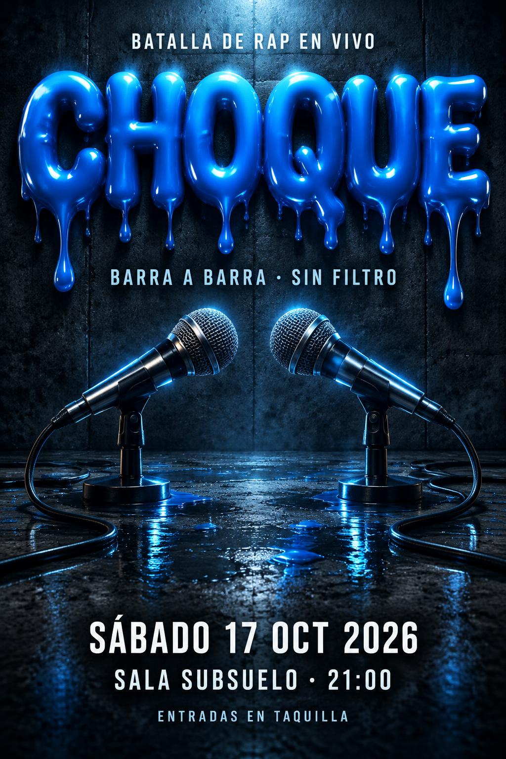 "CHOQUE
BATALLA DE RAP EN VIVO
BARRA A BARRA · SIN FILTRO
SÁBADO 17 OCT 2026
SALA SUBSUELO · 21:00
ENTRADAS EN TAQUILLA" — Drip Font | AI Text Effect Generator